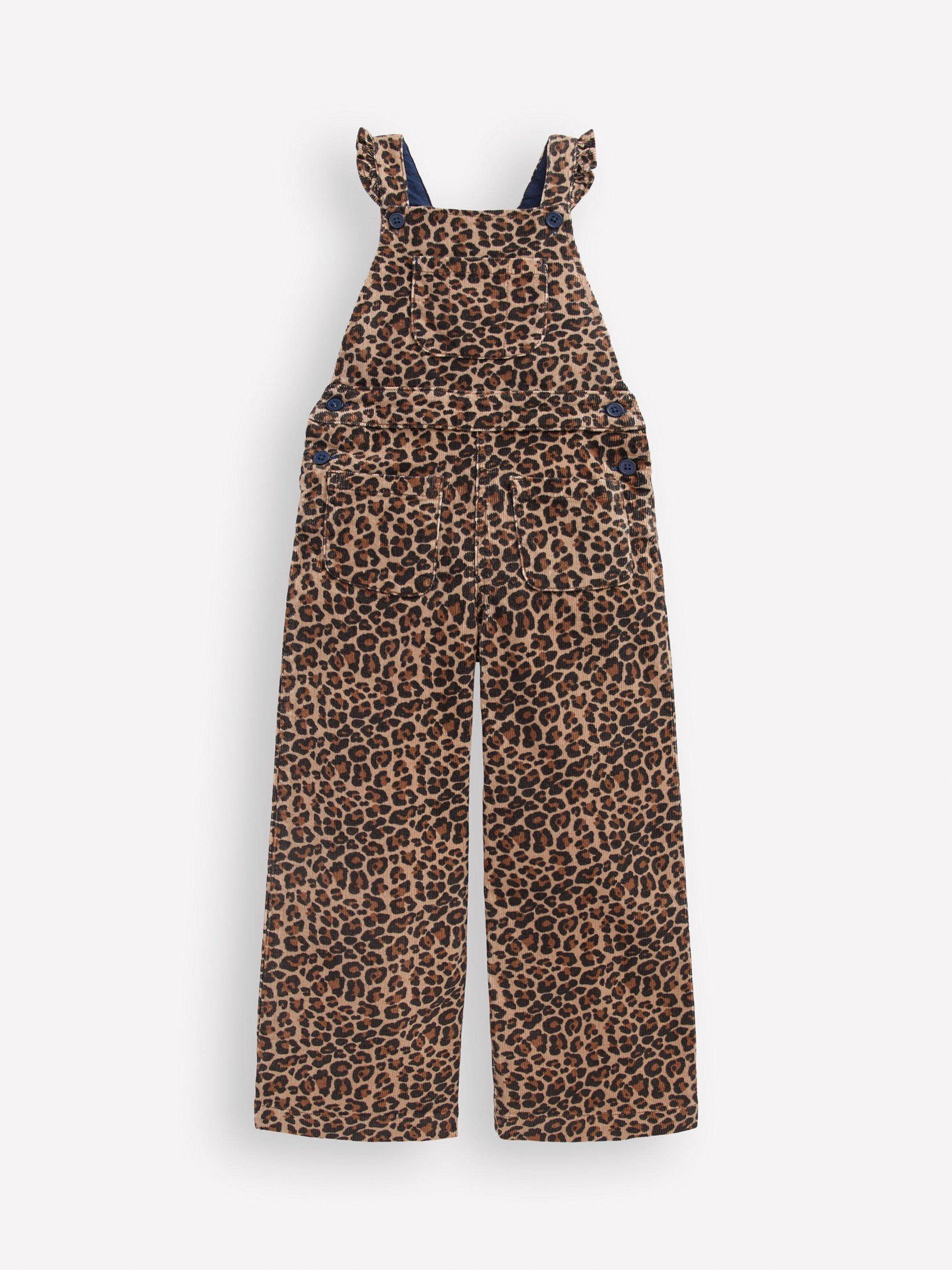 Product image 1 of 3, which shows Mini Boden Kids' Frill Dungarees, Leopard, 10-11 years