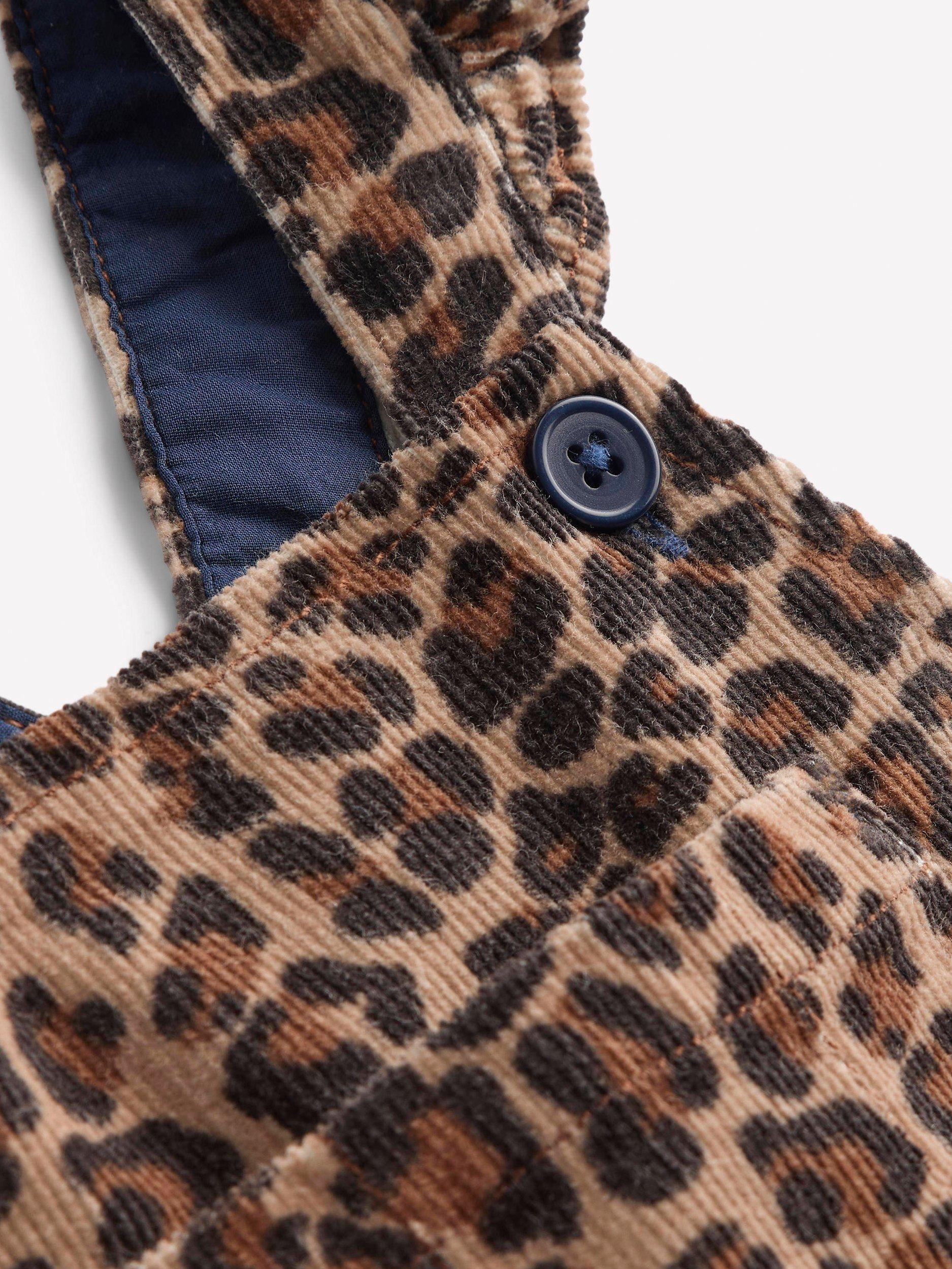 Product image 3 of 3, which shows Mini Boden Kids' Frill Dungarees, Leopard, 10-11 years