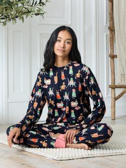 Chelsea Peers Christmas Cats Jersey Long Pyjama Set, Navy - view 2, Navy