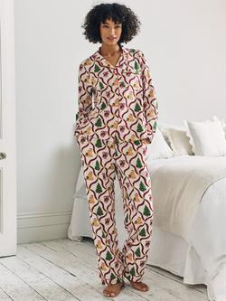 Chelsea Peers Christmas Tree & Dog Button Through Long Pyjama Set, Off White, Off White