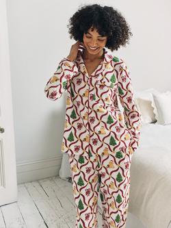 Chelsea Peers Christmas Tree & Dog Button Through Long Pyjama Set, Off White - view 2, Off White