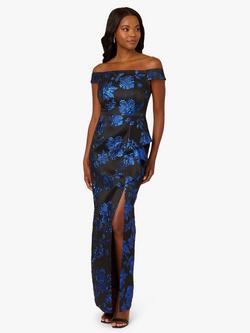 Adrianna Papell Studio Floral Jacquard Off Shoulder Maxi Dress, Black/Blue, Black/Blue