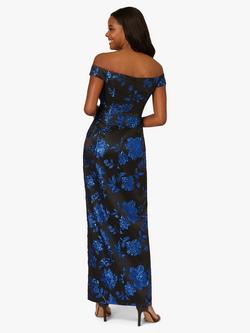 Adrianna Papell Studio Floral Jacquard Off Shoulder Maxi Dress, Black/Blue - view 2, Black/Blue