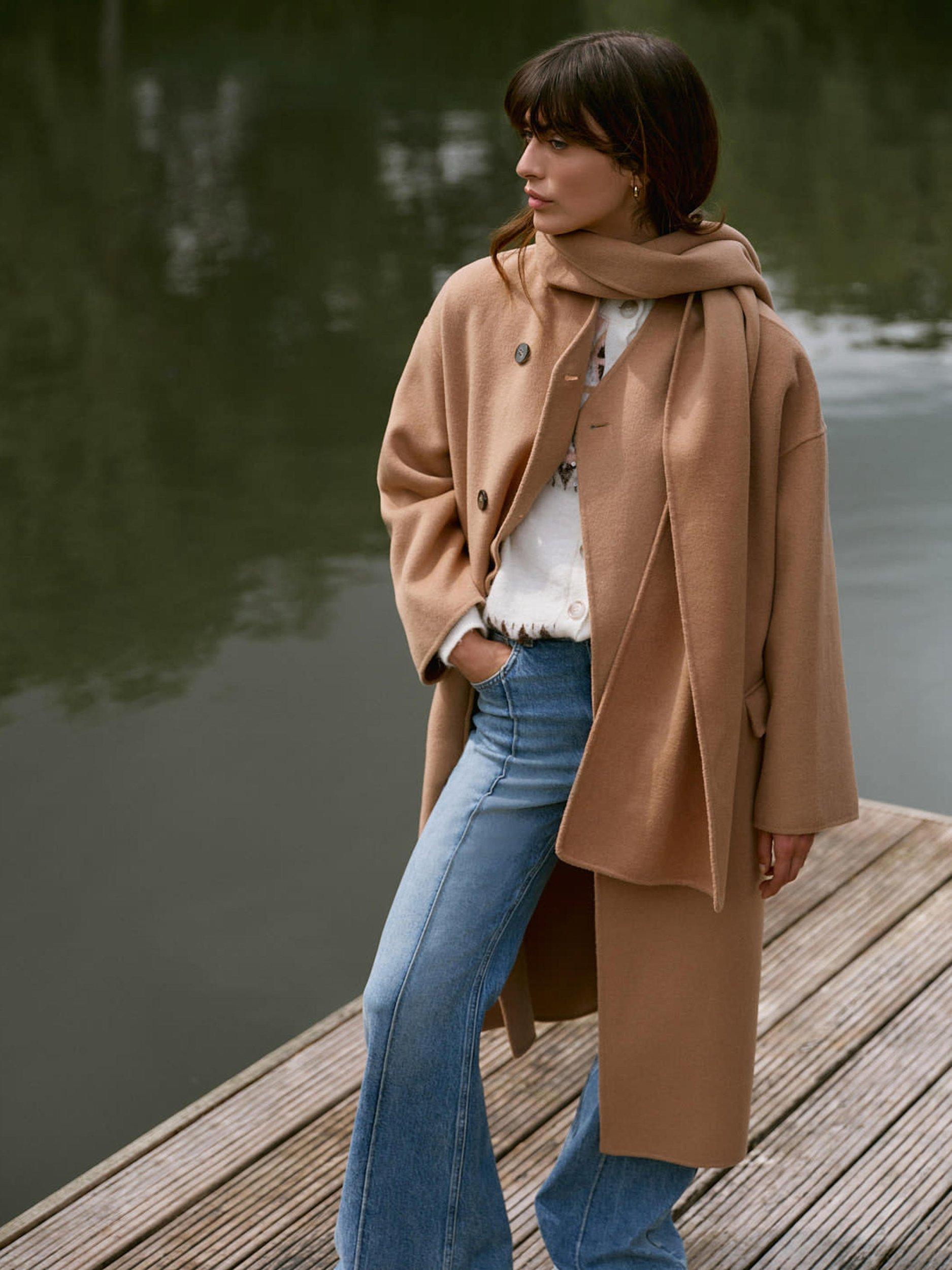 Product image 1 of 8, which shows Mint Velvet Wool Blend Scarf Detail Round Neck Coat, Brown Tan, L