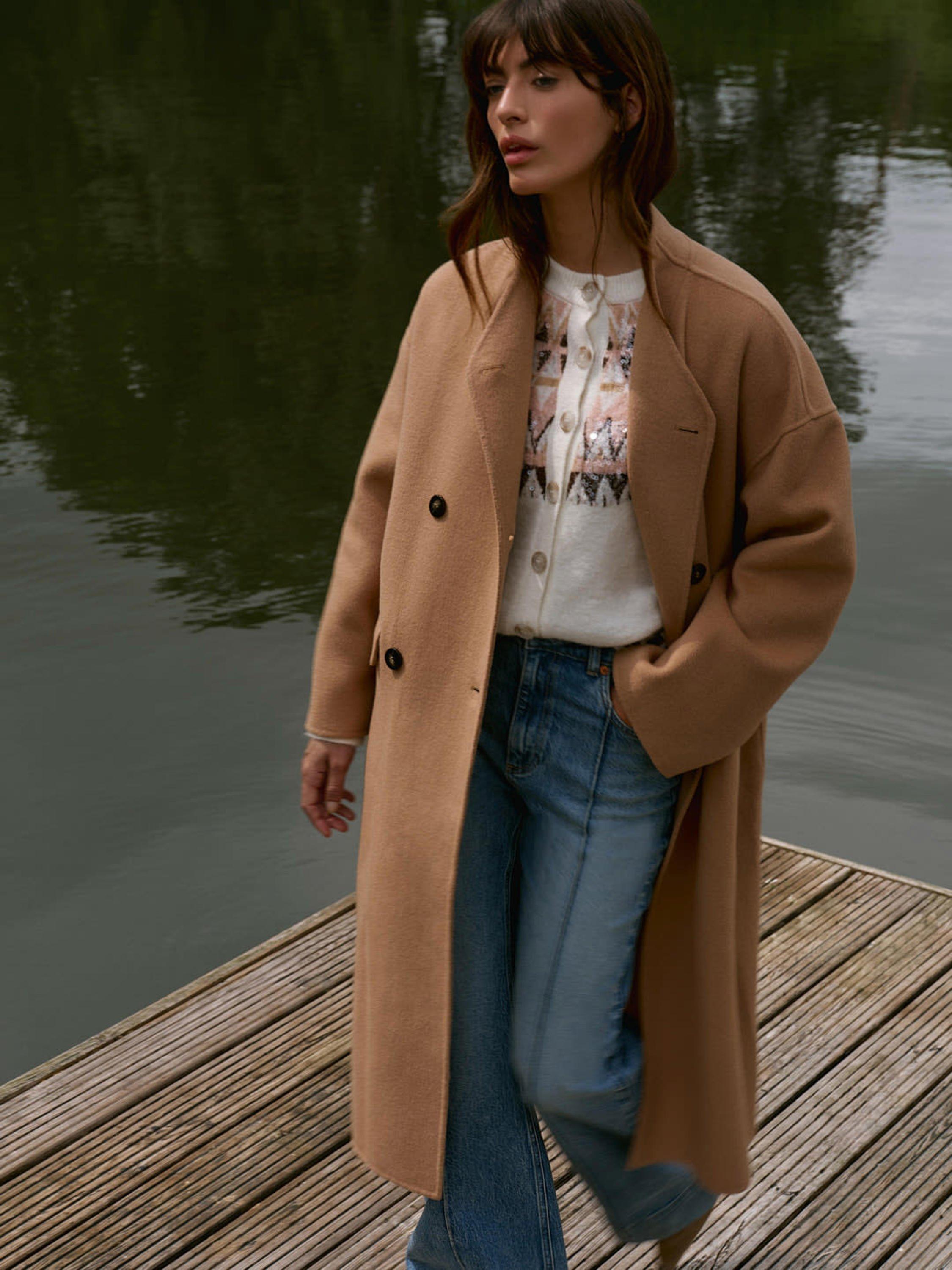 Product image 2 of 8, which shows Mint Velvet Wool Blend Scarf Detail Round Neck Coat, Brown Tan, L