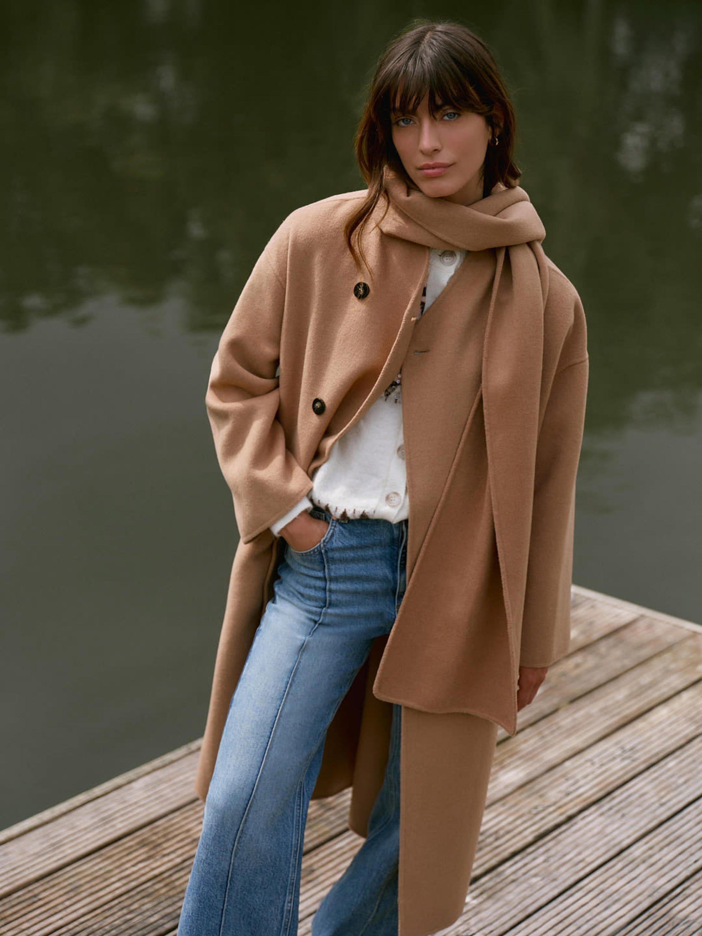 Product image 5 of 8, which shows Mint Velvet Wool Blend Scarf Detail Round Neck Coat, Brown Tan, L
