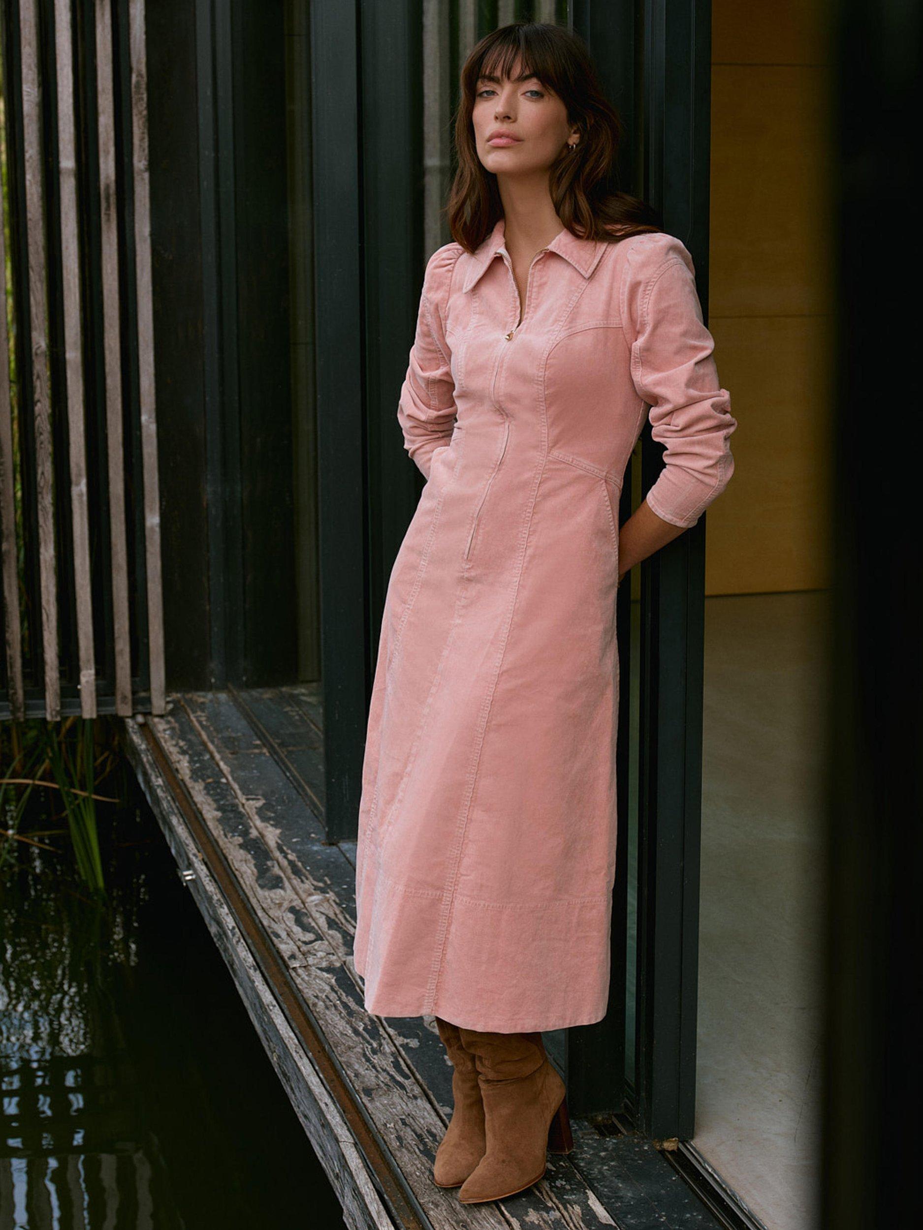 Mint Velvet Collar Corduroy Midi Dress, Pink