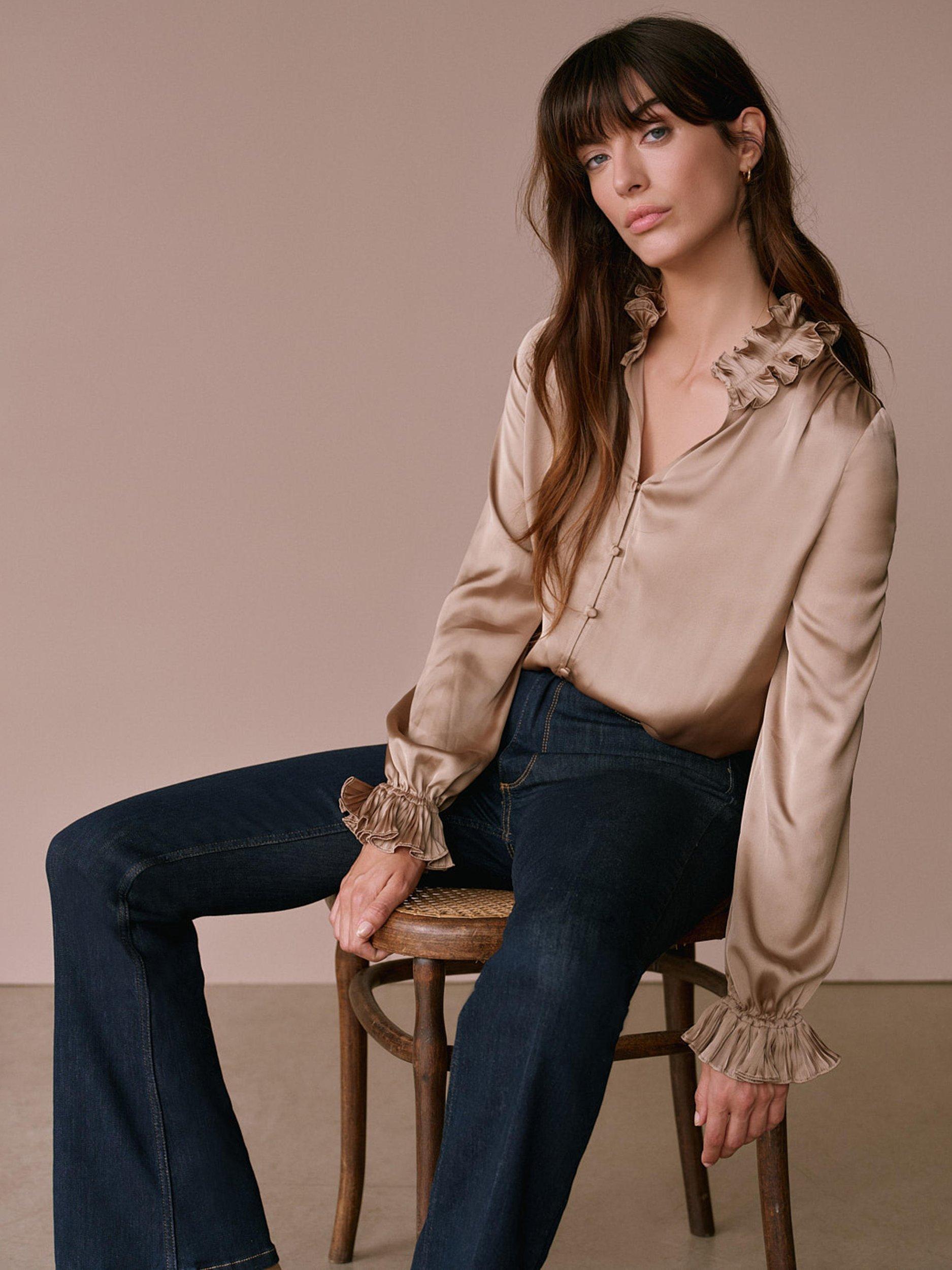 Product image 1 of 7, which shows Mint Velvet Long Sleeve Collar Satin Blouse, Gold, XS