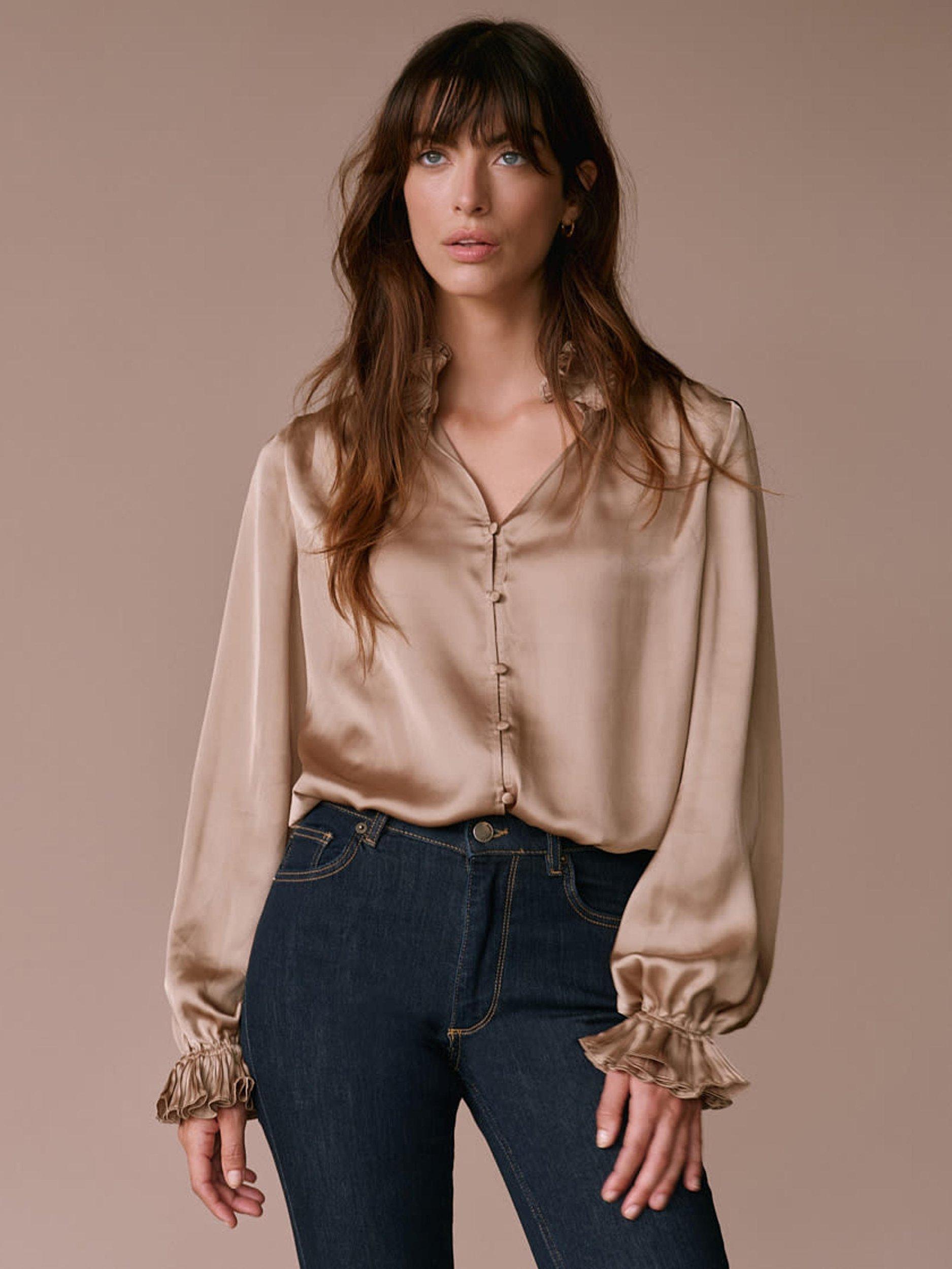 Product image 2 of 7, which shows Mint Velvet Long Sleeve Collar Satin Blouse, Gold, XS