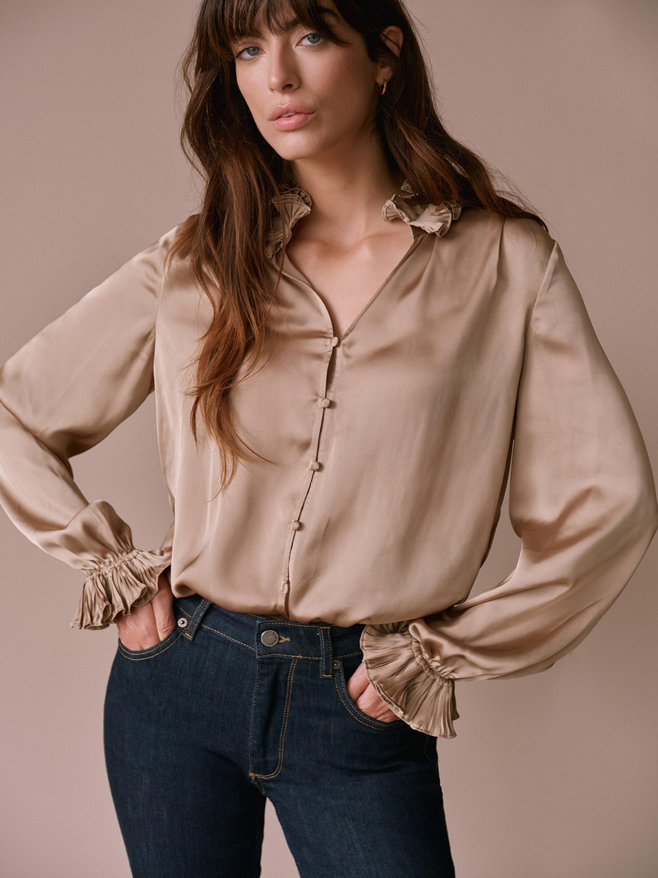 Product image 3 of 7, which shows Mint Velvet Long Sleeve Collar Satin Blouse, Gold, XS