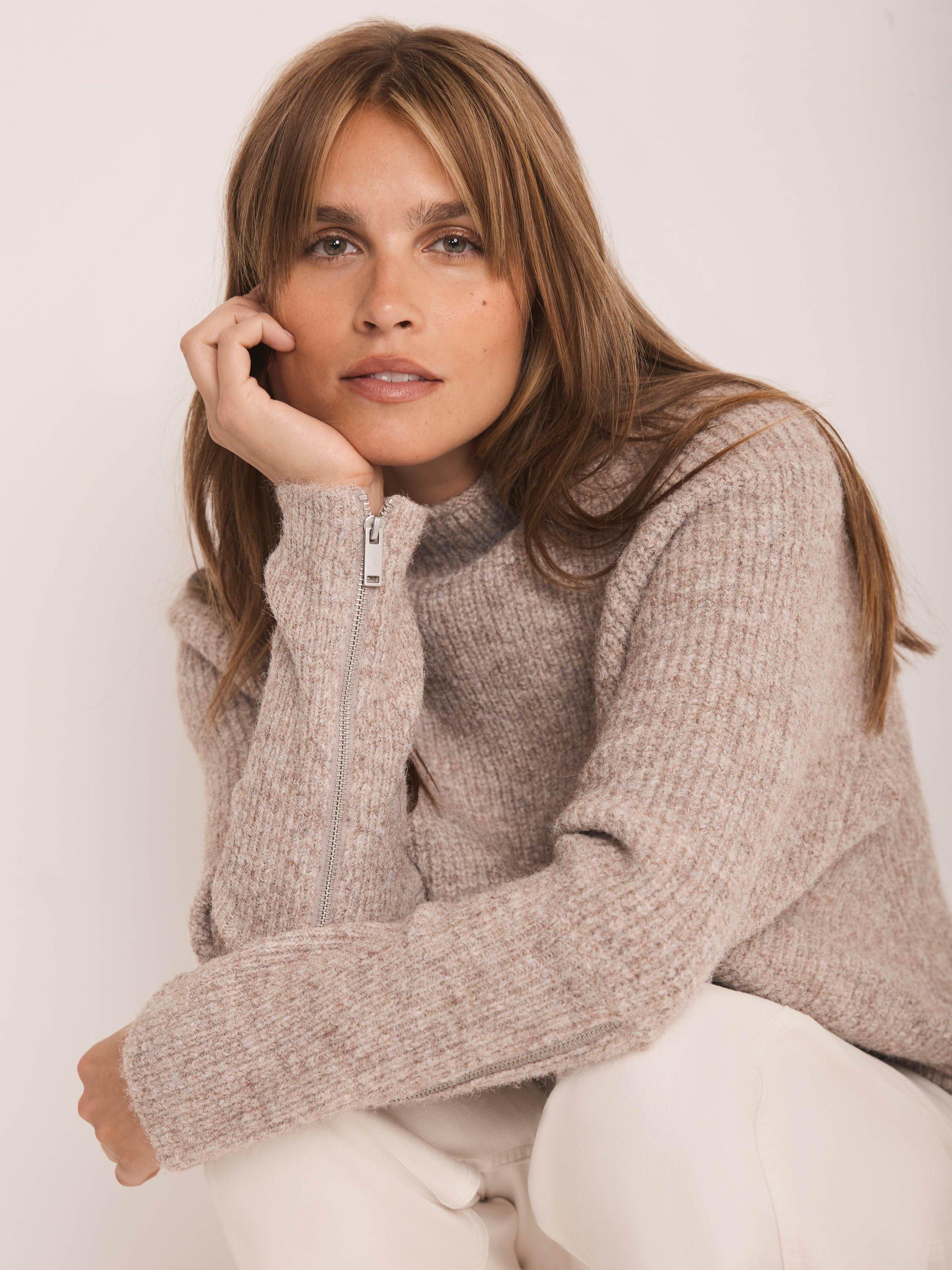 Product image 2 of 8, which shows Mint Velvet Zip Detail High Neck Jumper, Brown Camel, XL