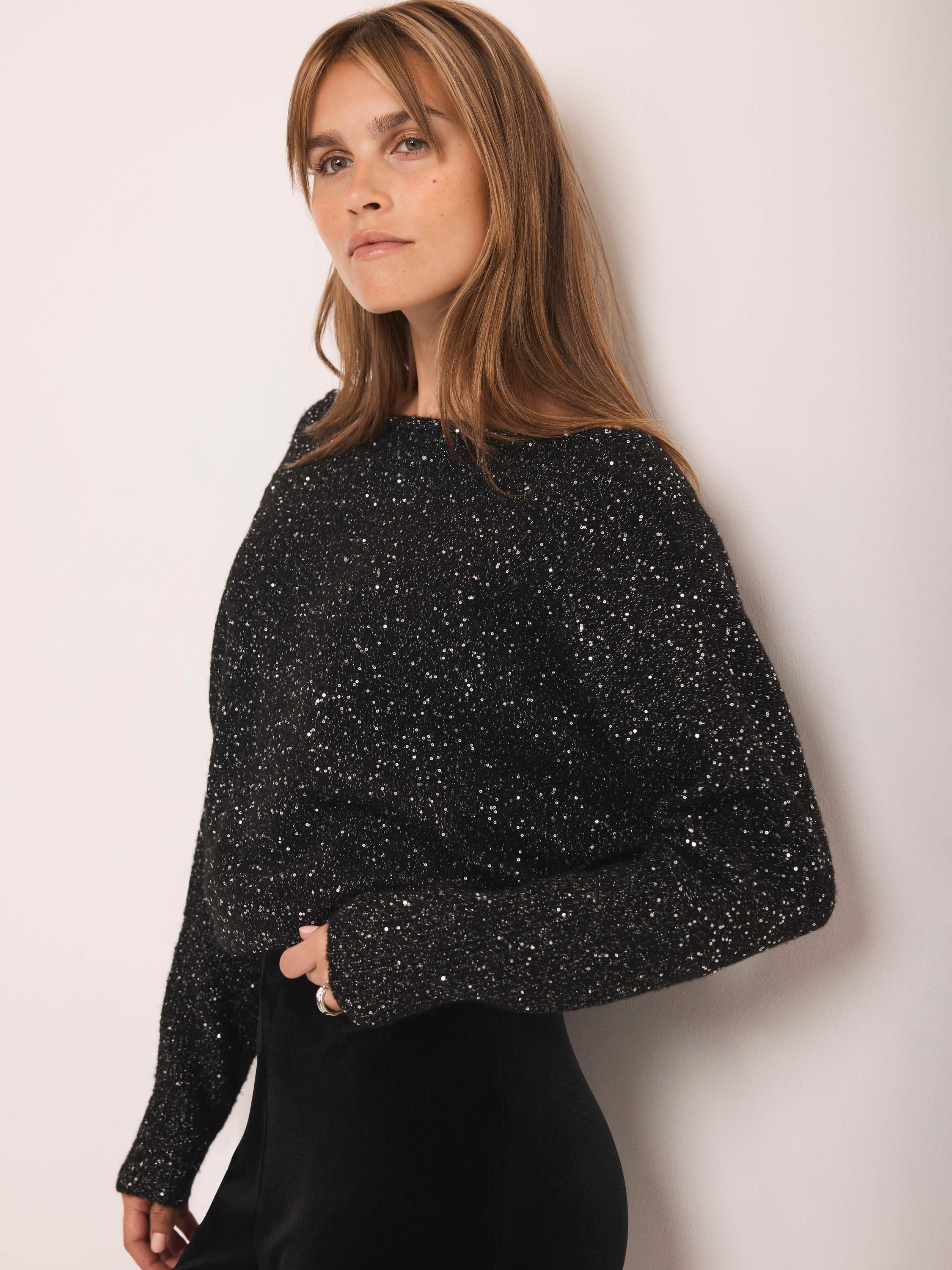 Product image 2 of 8, which shows Mint Velvet Sequin Batwing Jumper, Black, S
