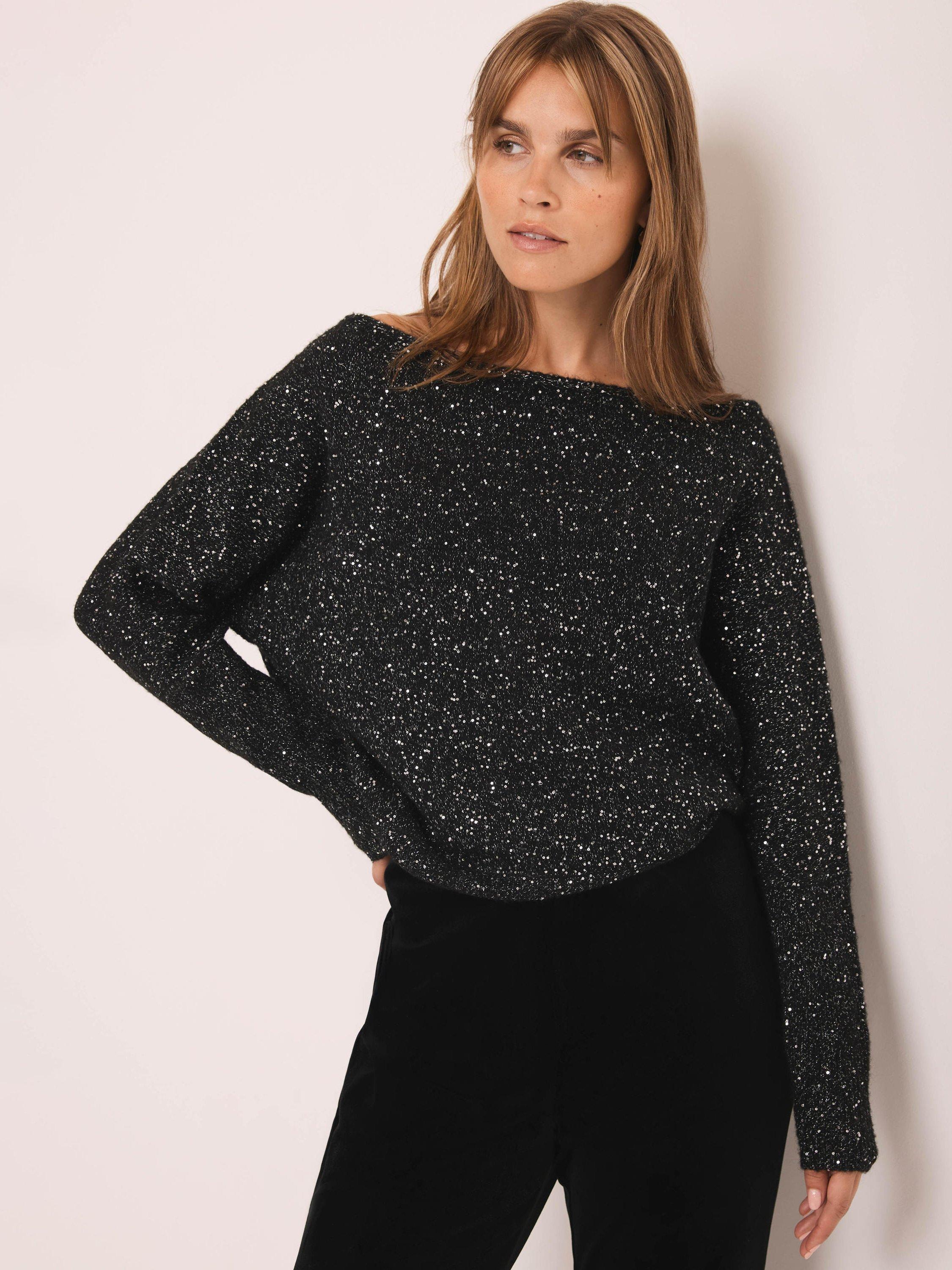 Product image 3 of 8, which shows Mint Velvet Sequin Batwing Jumper, Black, S