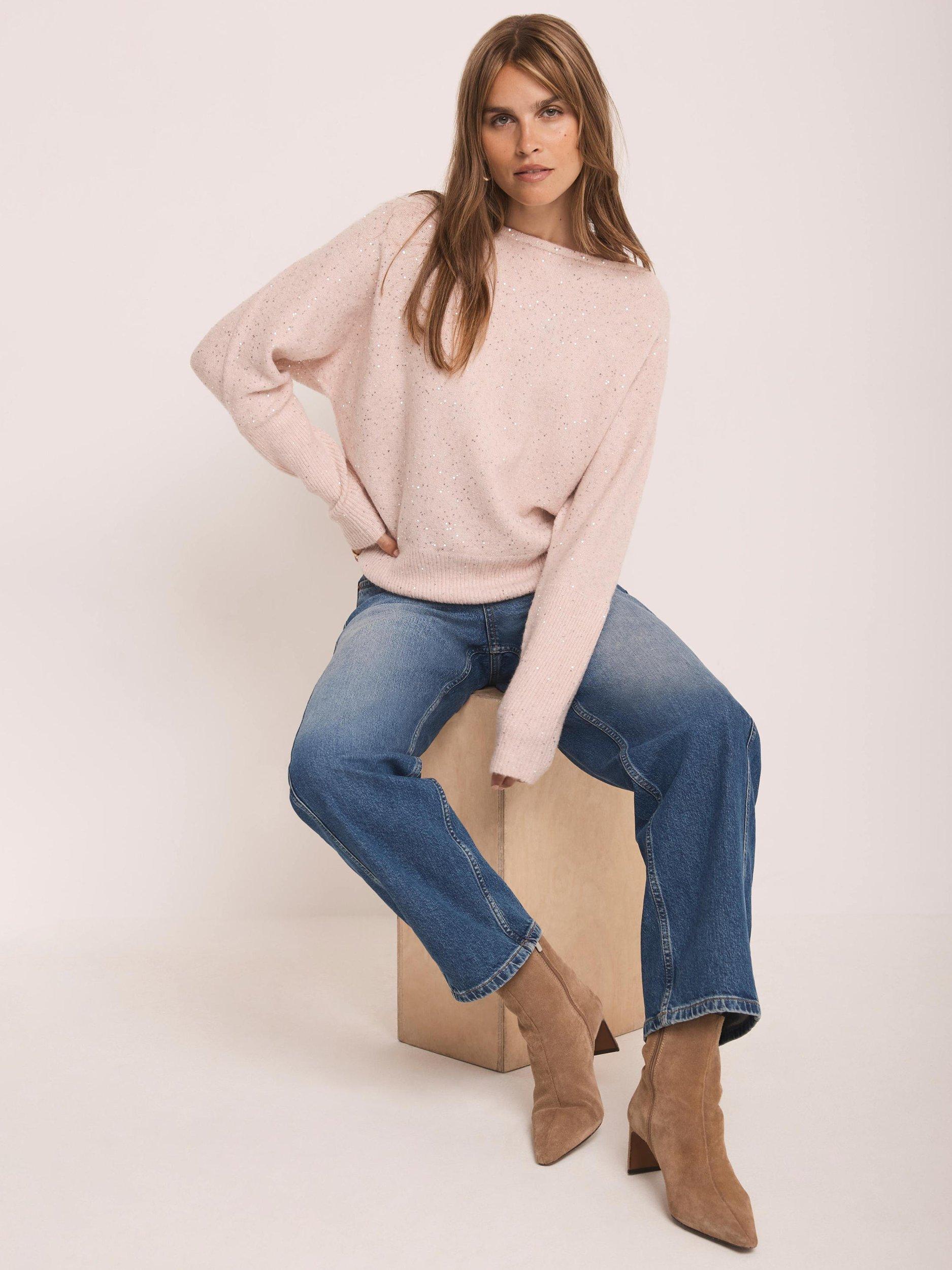 Product image 1 of 7, which shows Mint Velvet Sequin Batwing Jumper, Light Pink, M