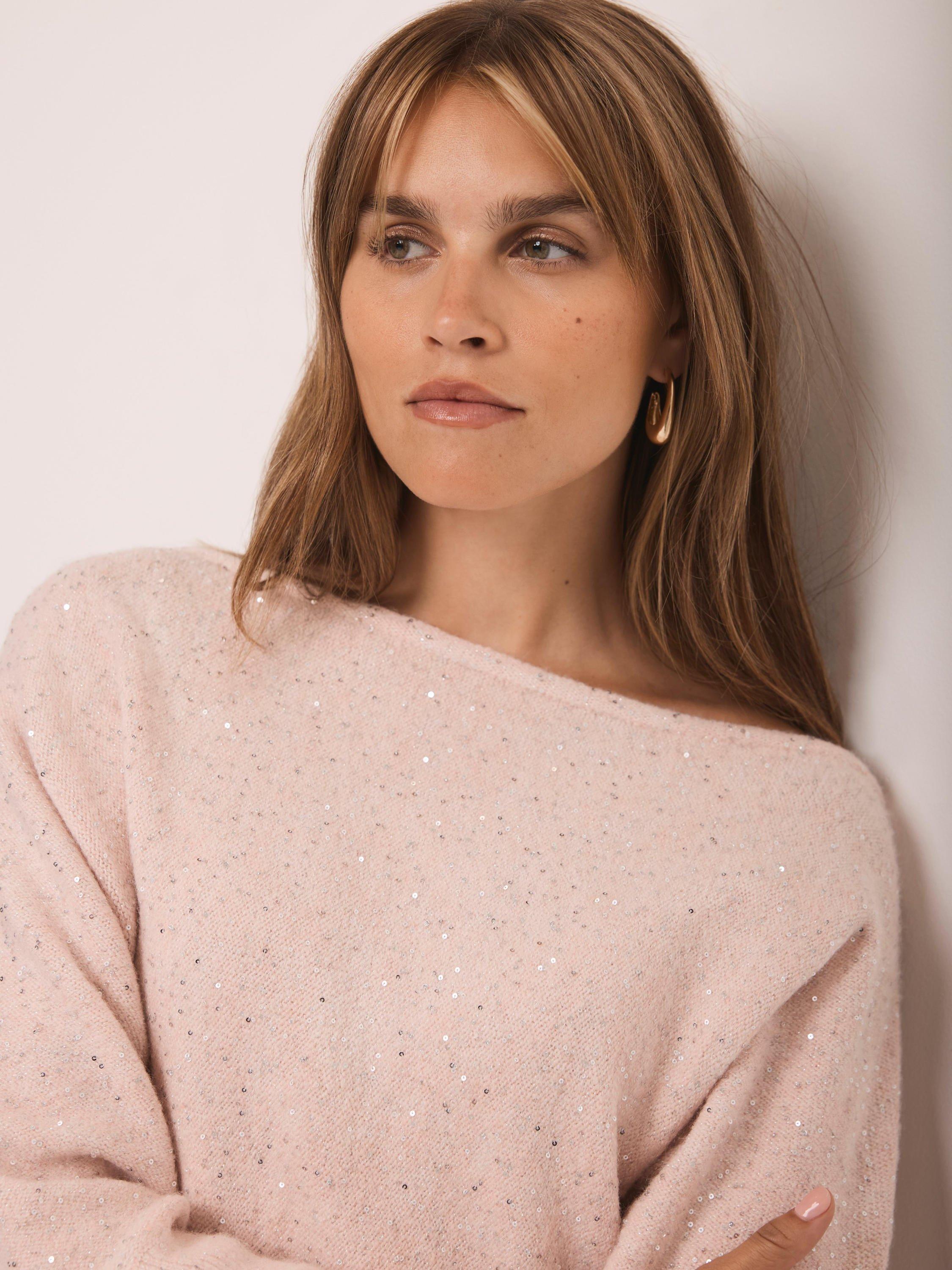Product image 3 of 7, which shows Mint Velvet Sequin Batwing Jumper, Light Pink, M