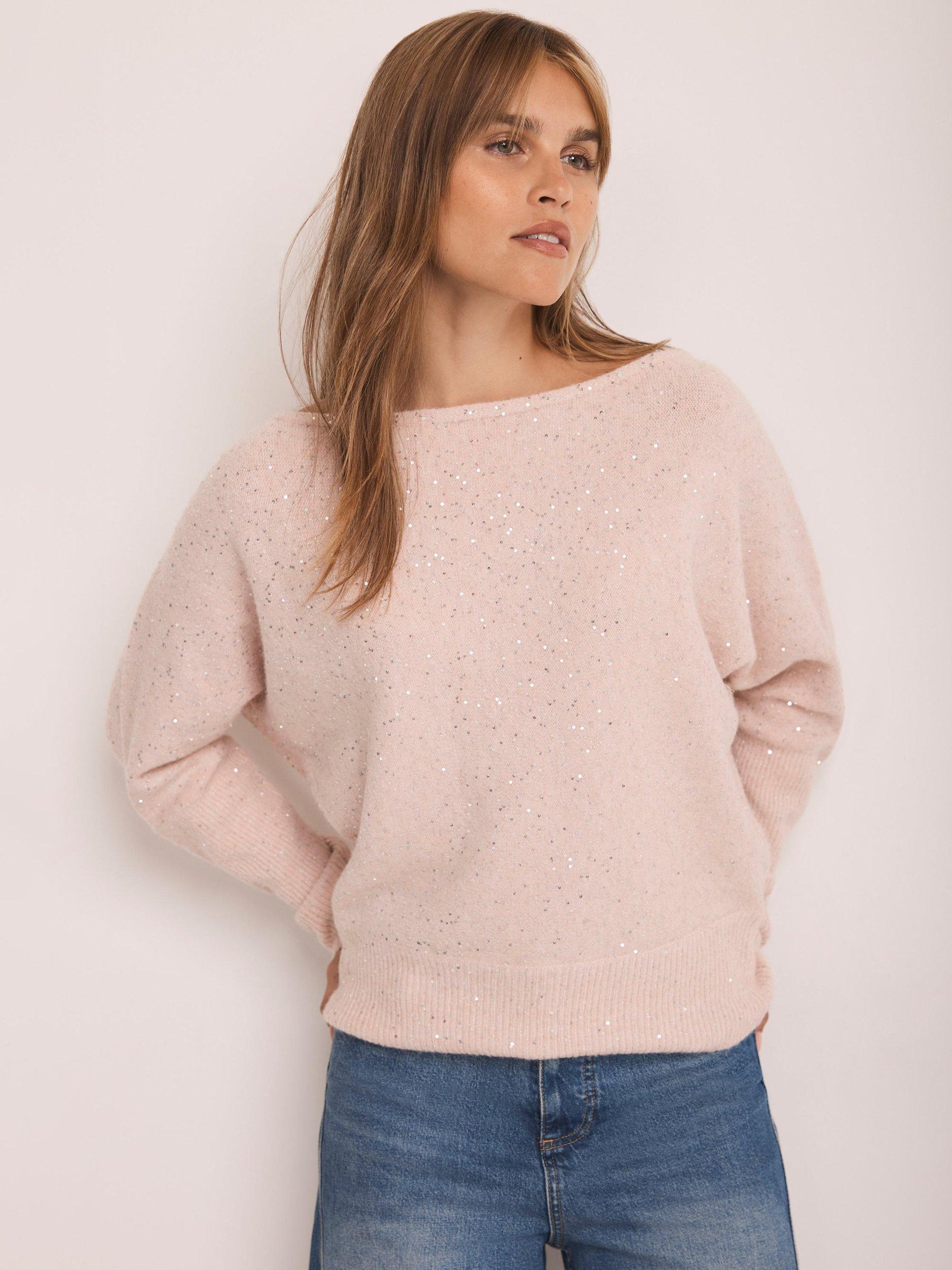 Product image 4 of 7, which shows Mint Velvet Sequin Batwing Jumper, Light Pink, M