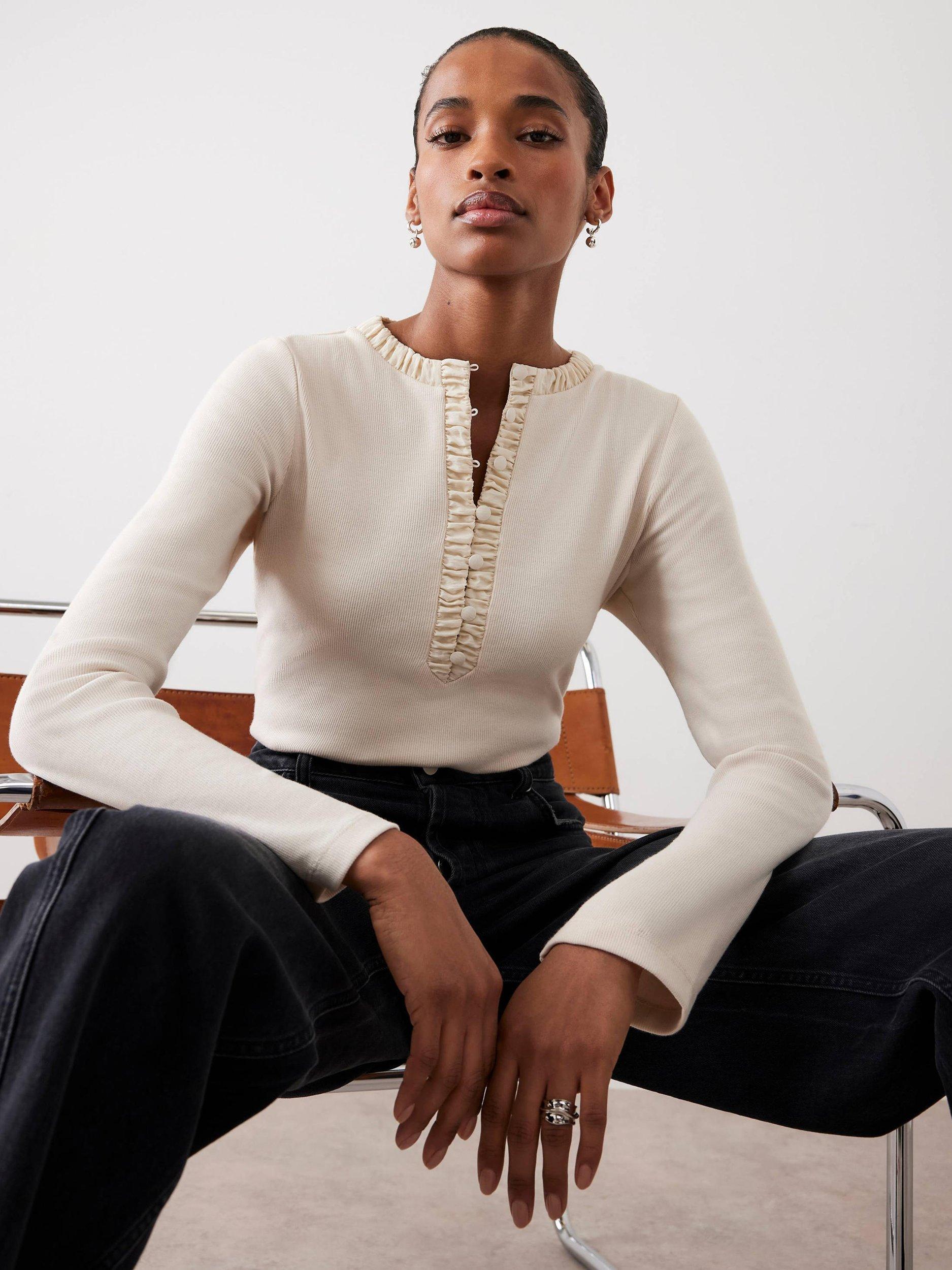 Product image 1 of 8, which shows Mint Velvet Cotton Blend Henley Long Sleeve Button Neck Top, Natural, XS