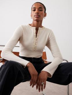 Mint Velvet Cotton Blend Henley Long Sleeve Button Neck Top, Natural