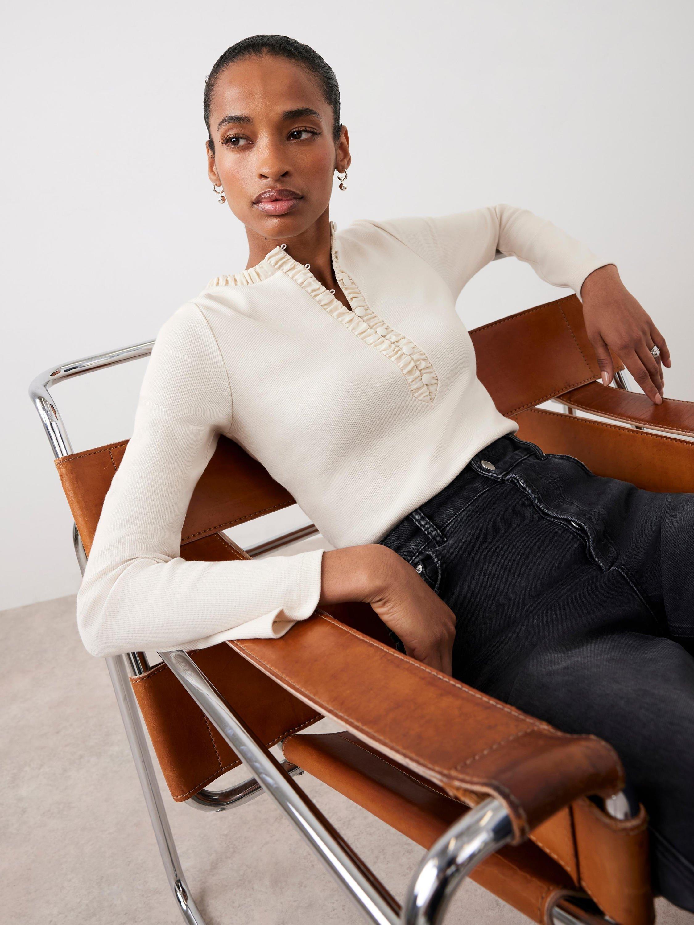 Product image 2 of 8, which shows Mint Velvet Cotton Blend Henley Long Sleeve Button Neck Top, Natural, XS