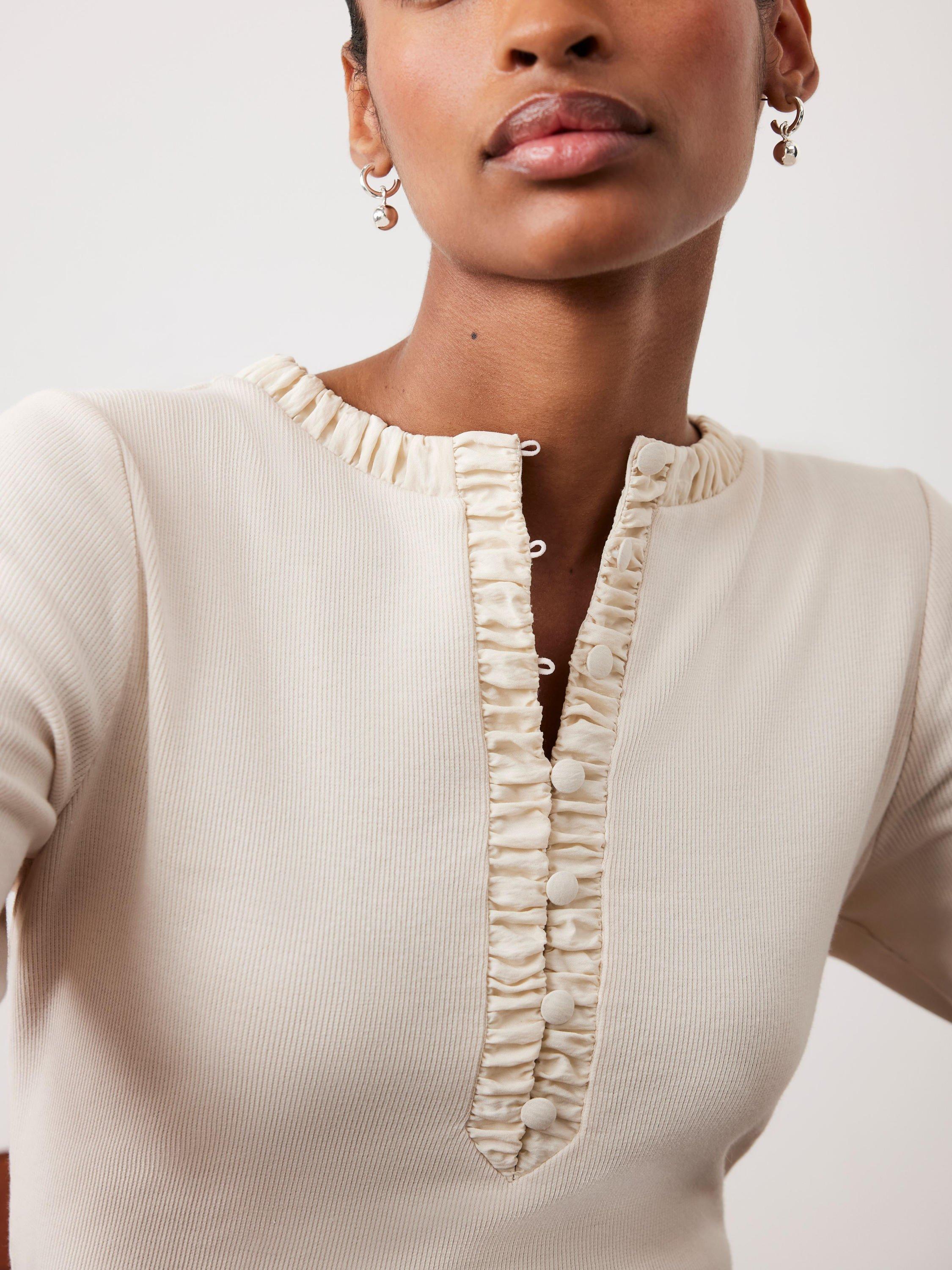 Product image 3 of 8, which shows Mint Velvet Cotton Blend Henley Long Sleeve Button Neck Top, Natural, XS