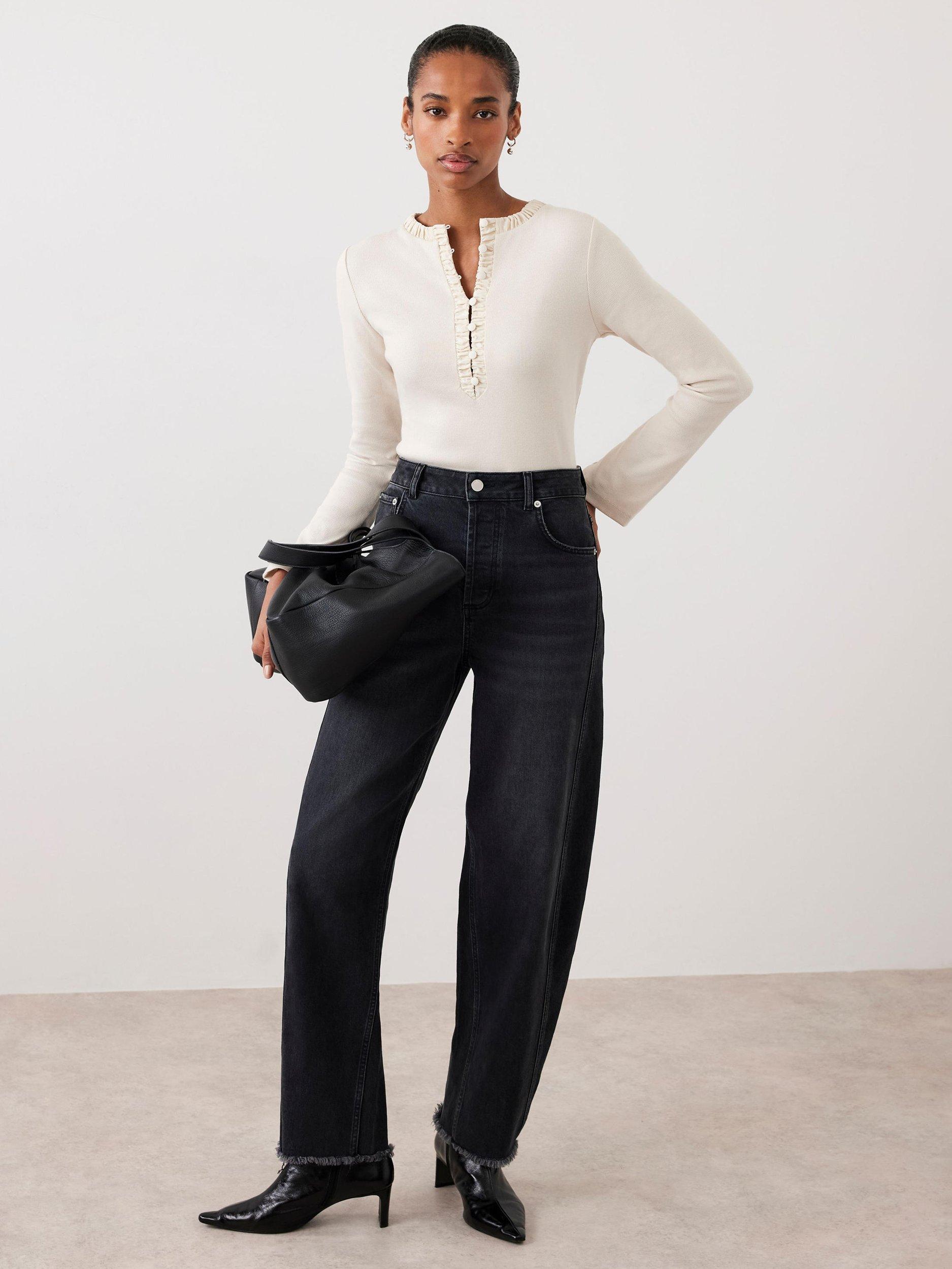 Product image 6 of 8, which shows Mint Velvet Cotton Blend Henley Long Sleeve Button Neck Top, Natural, XS