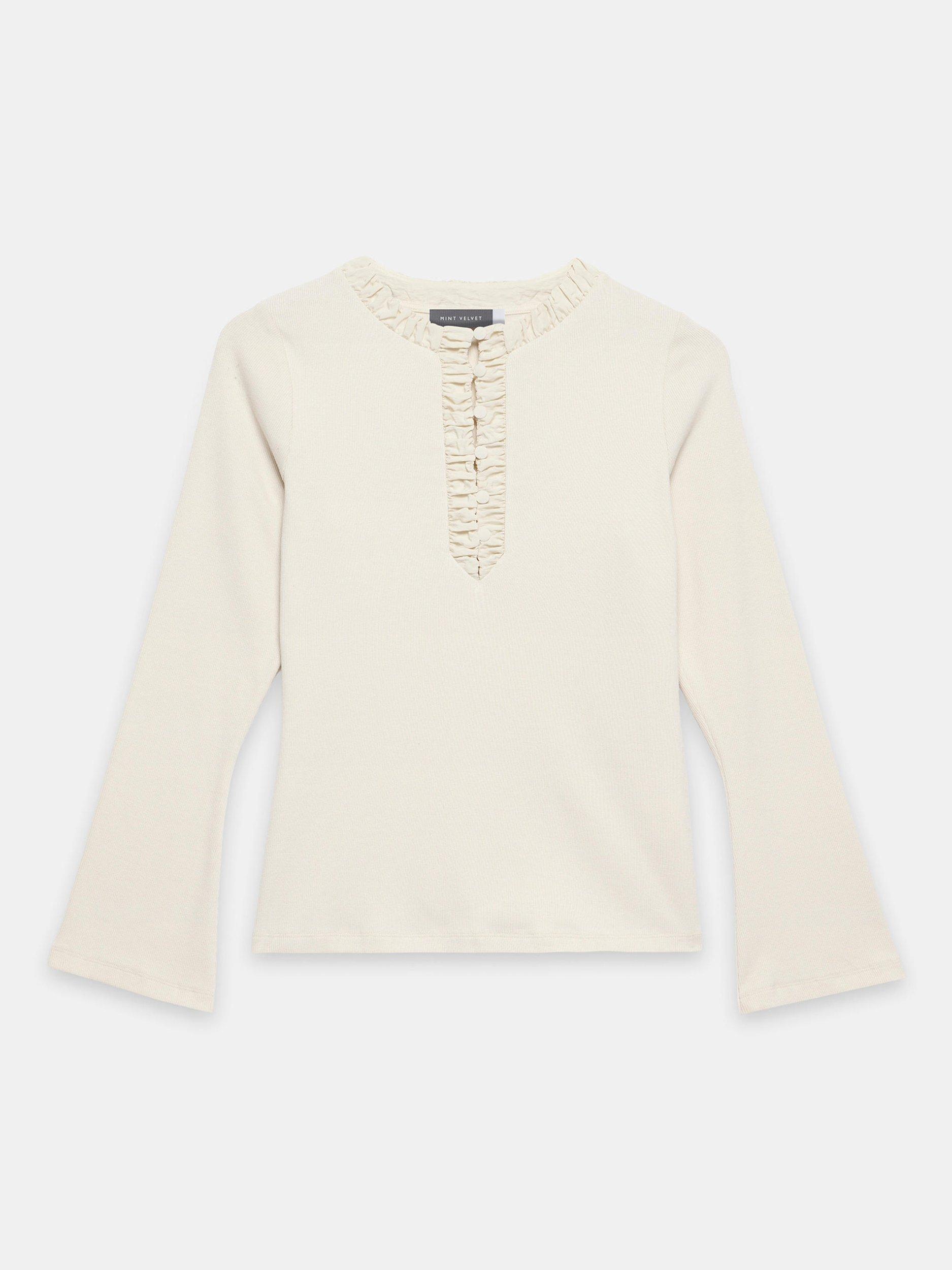 Product image 7 of 8, which shows Mint Velvet Cotton Blend Henley Long Sleeve Button Neck Top, Natural, XS