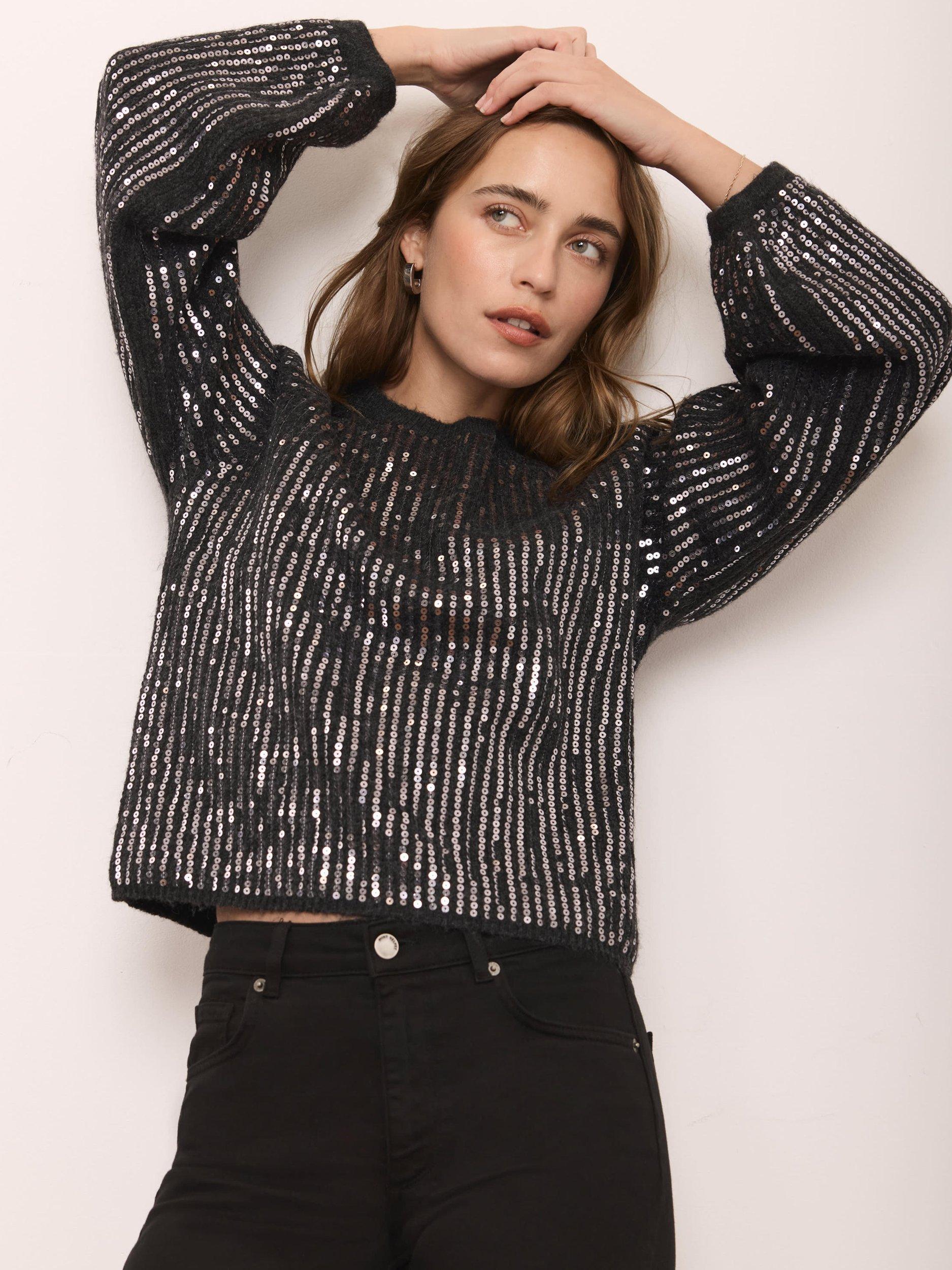 Product image 2 of 7, which shows Mint Velvet Sequin Round Neck Knit Jumper, Grey/Multi, S