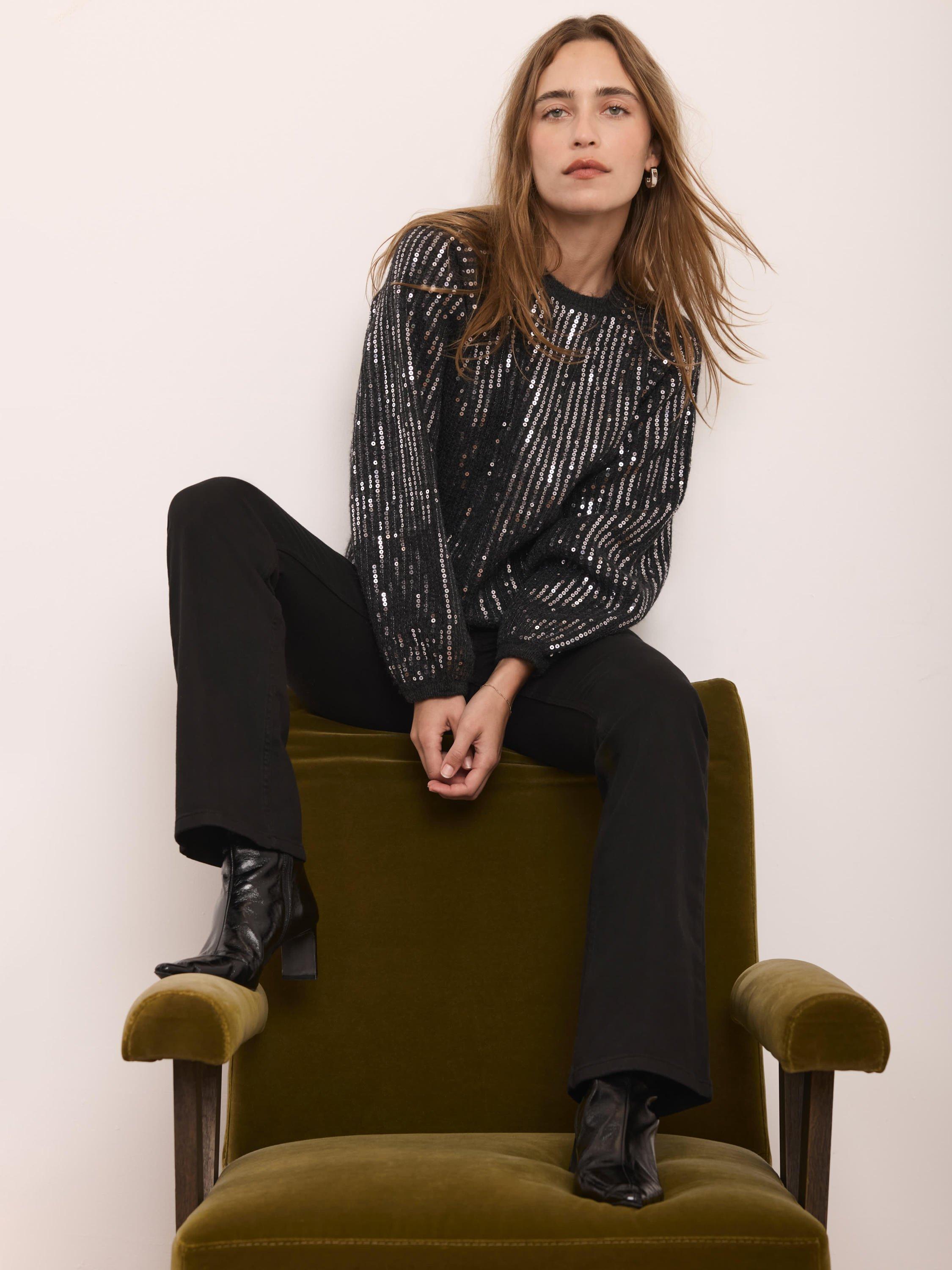 Product image 4 of 7, which shows Mint Velvet Sequin Round Neck Knit Jumper, Grey/Multi, S