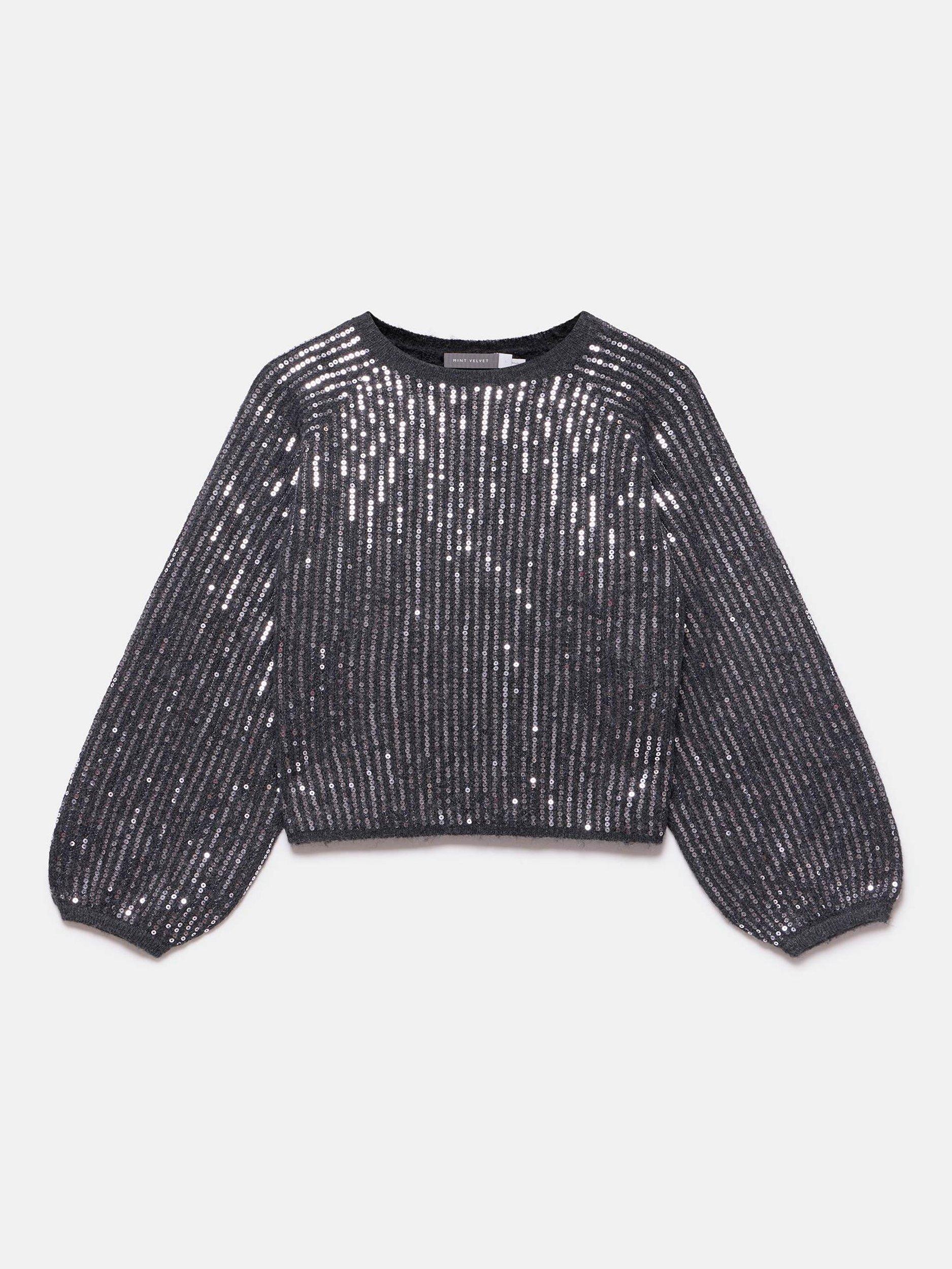 Product image 6 of 7, which shows Mint Velvet Sequin Round Neck Knit Jumper, Grey/Multi, S