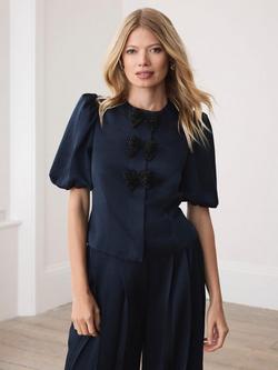 Mint Velvet Satin Bow Detail Crew Neck Top, Blue Navy