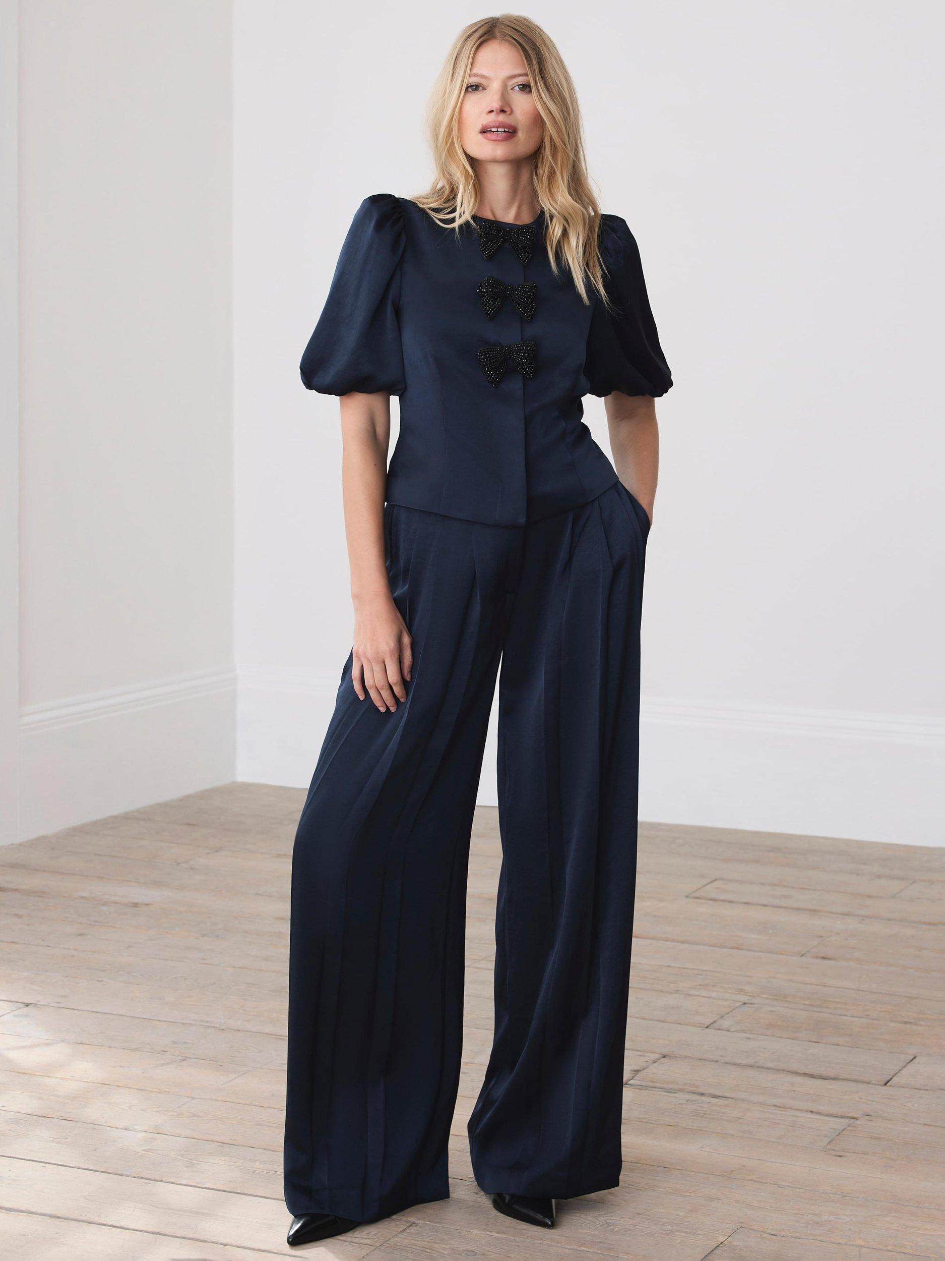 Product image 2 of 7, which shows Mint Velvet Satin Bow Detail Crew Neck Top, Blue Navy, 12