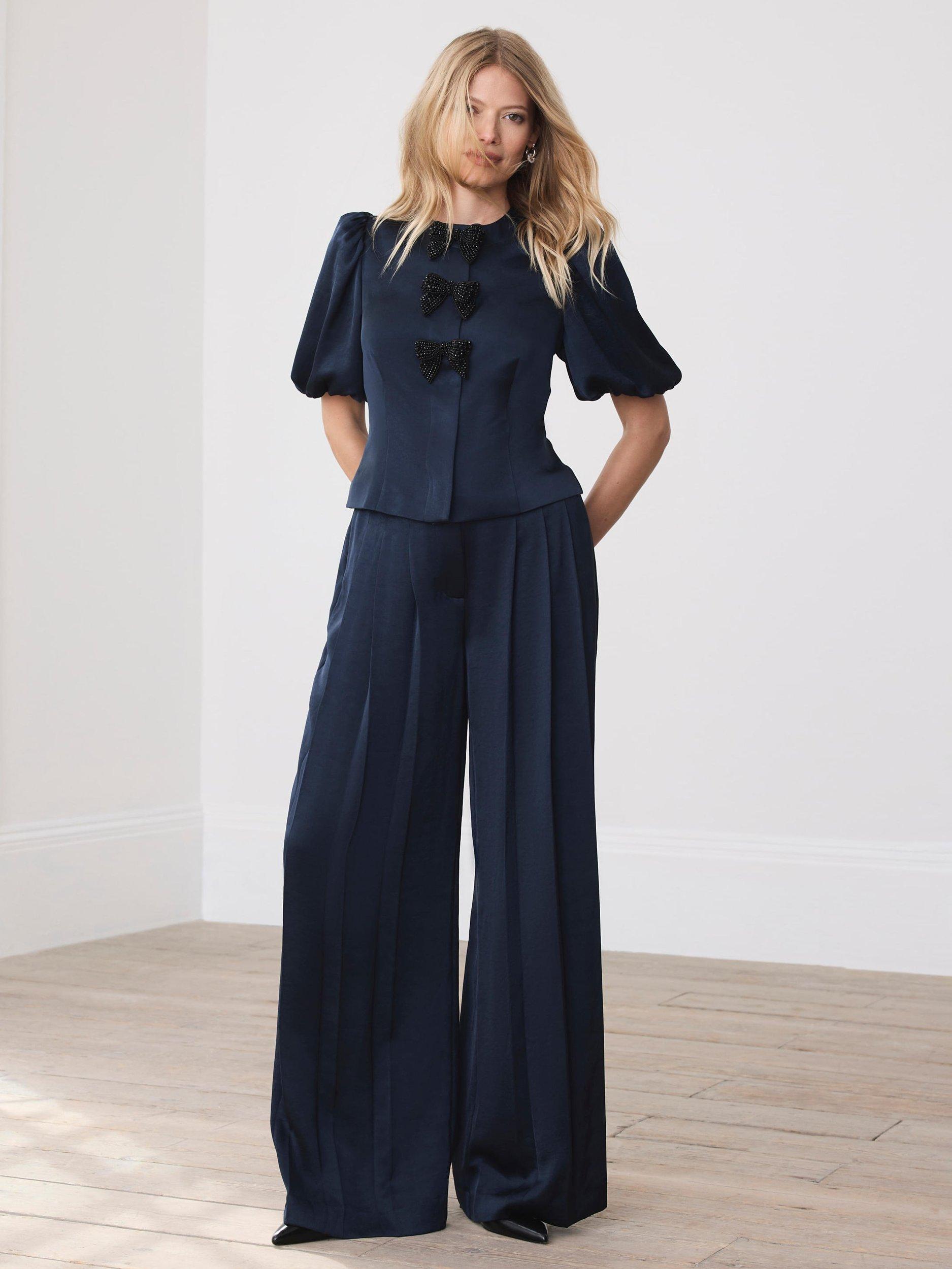 Product image 5 of 7, which shows Mint Velvet Satin Bow Detail Crew Neck Top, Blue Navy, 12