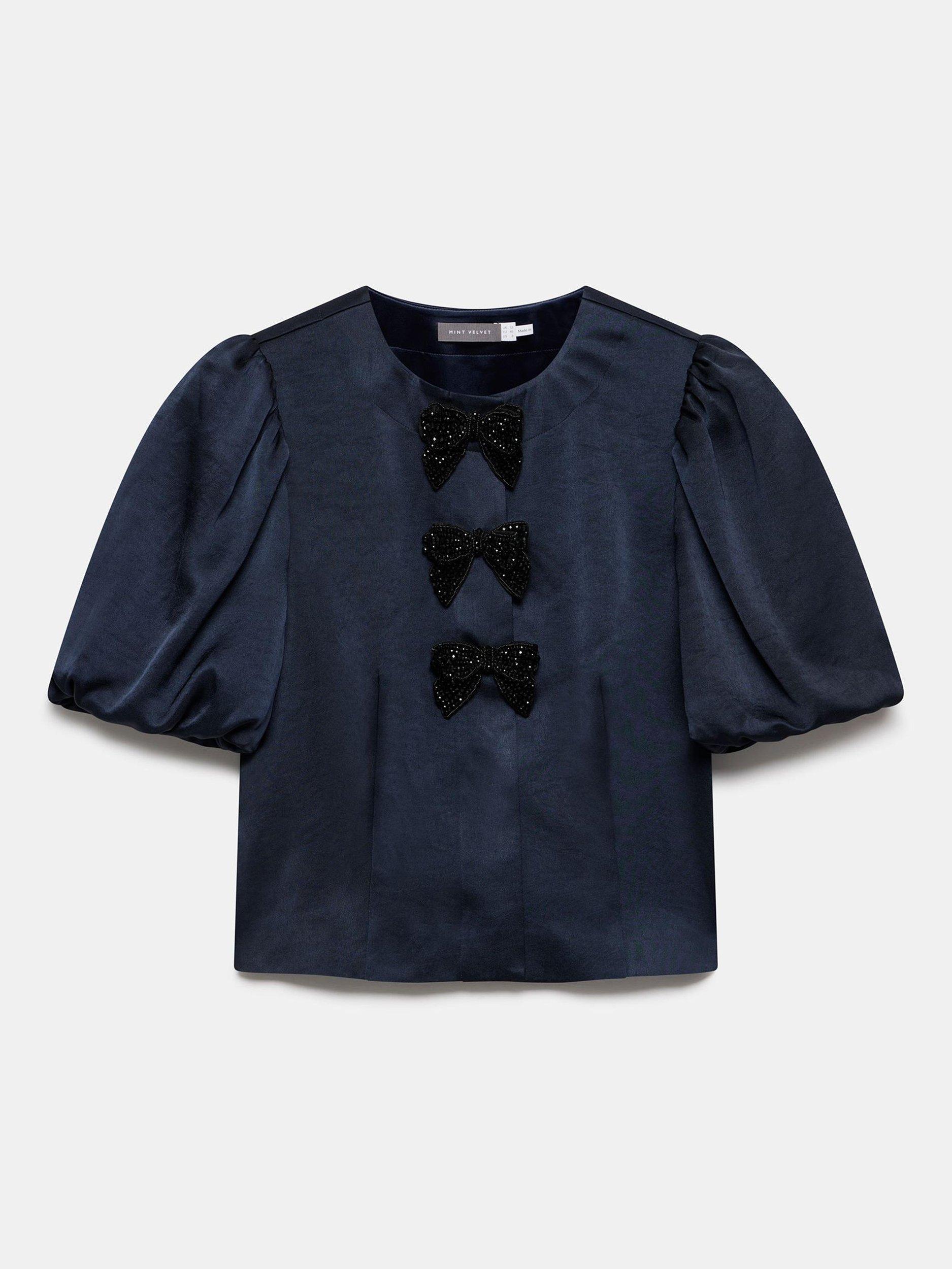 Product image 6 of 7, which shows Mint Velvet Satin Bow Detail Crew Neck Top, Blue Navy, 12