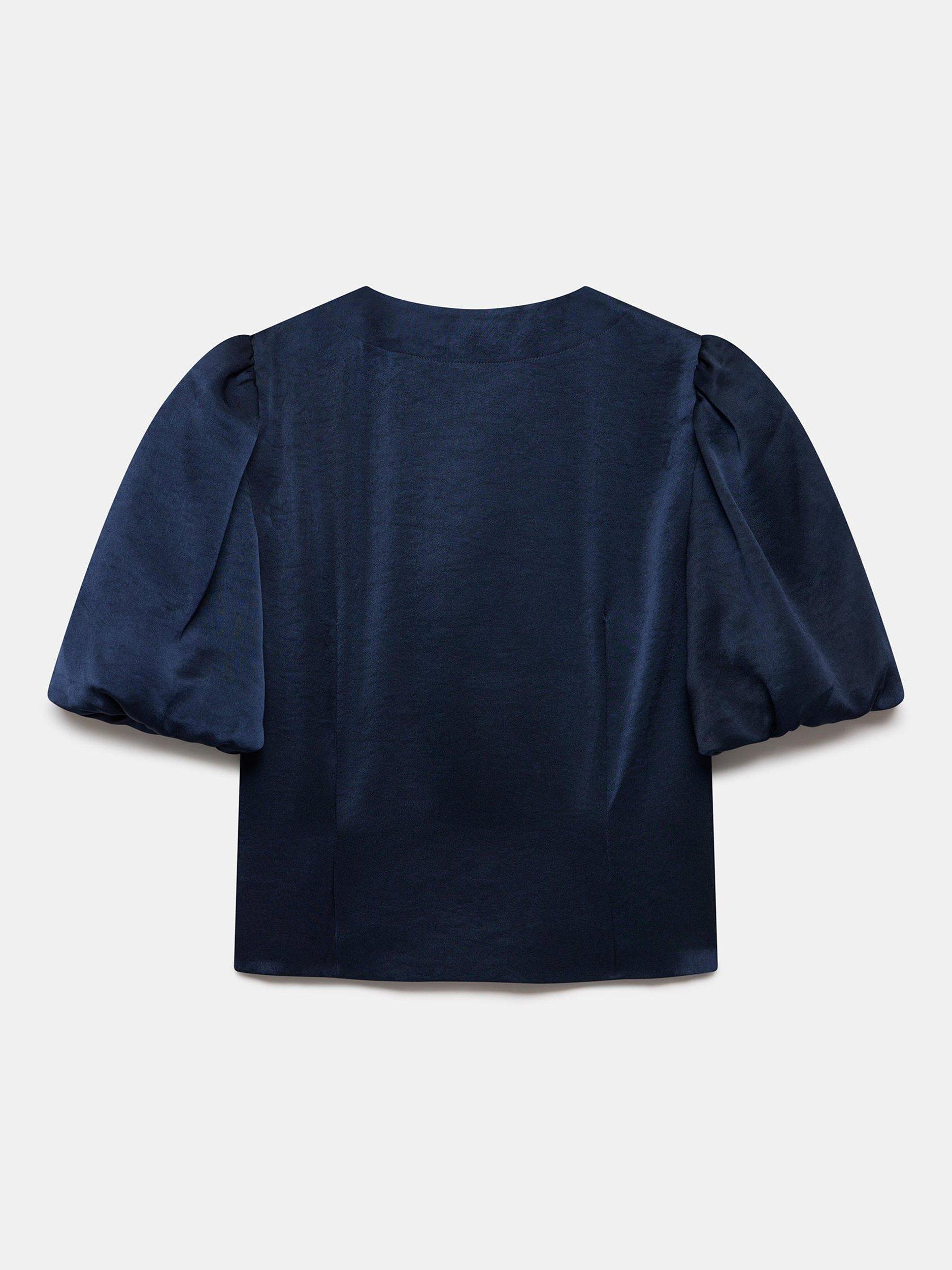 Product image 7 of 7, which shows Mint Velvet Satin Bow Detail Crew Neck Top, Blue Navy, 12