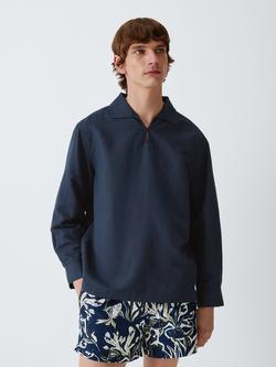 John Lewis Resort Linen Blend Open Collar Shirt, Navy, Navy