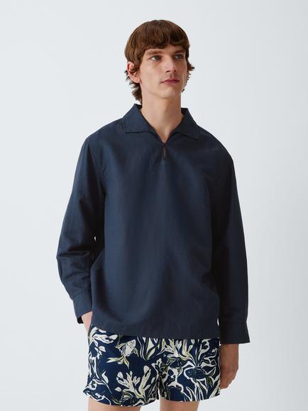 John Lewis Resort Linen Blend Open Collar Shirt, Navy, Navy
