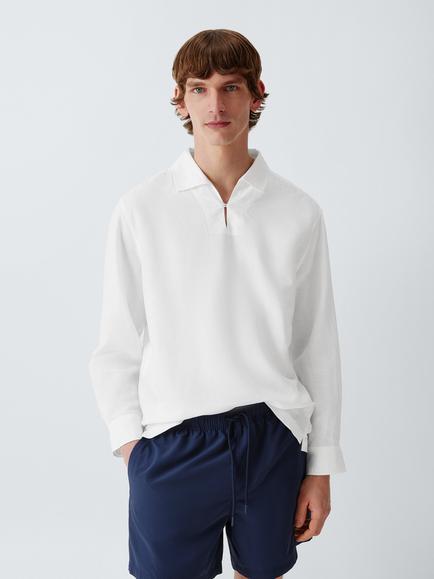 John Lewis Resort Linen Blend Open Collar Shirt, White, White