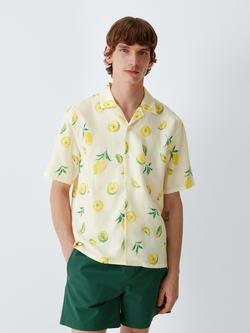 John Lewis Resort Linen Blend Lemon Revere Collar Short Sleeve Shirt, White, White