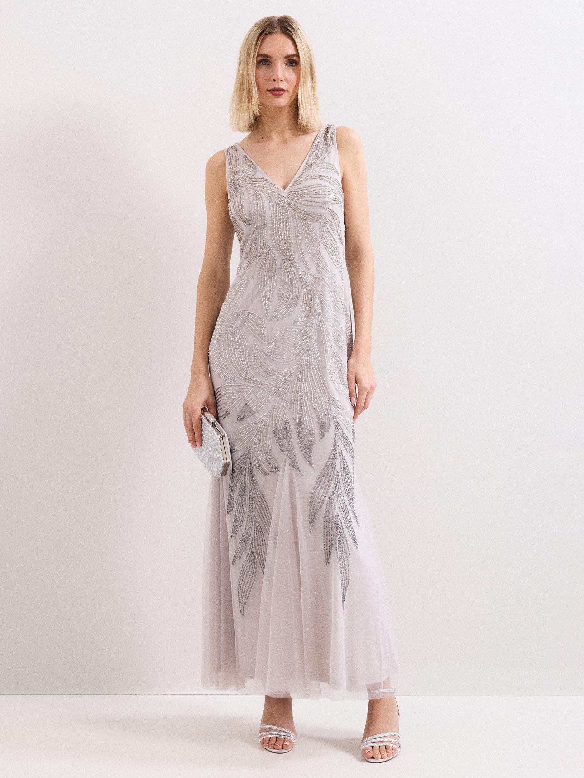 Product image 1 of 9, which shows Phase Eight Reina Beaded Maxi Dress, Silver, 6