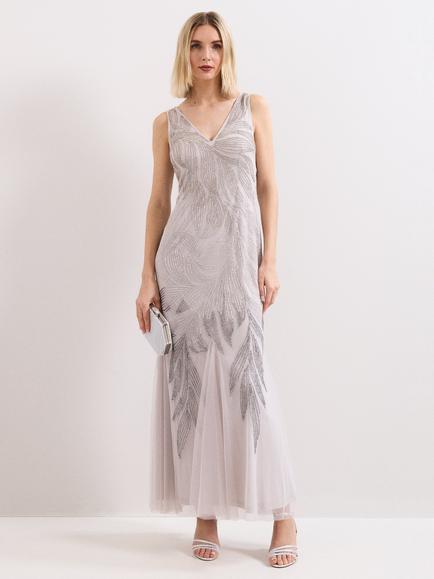 Phase Eight Reina Beaded Maxi Dress, Silver, Silver