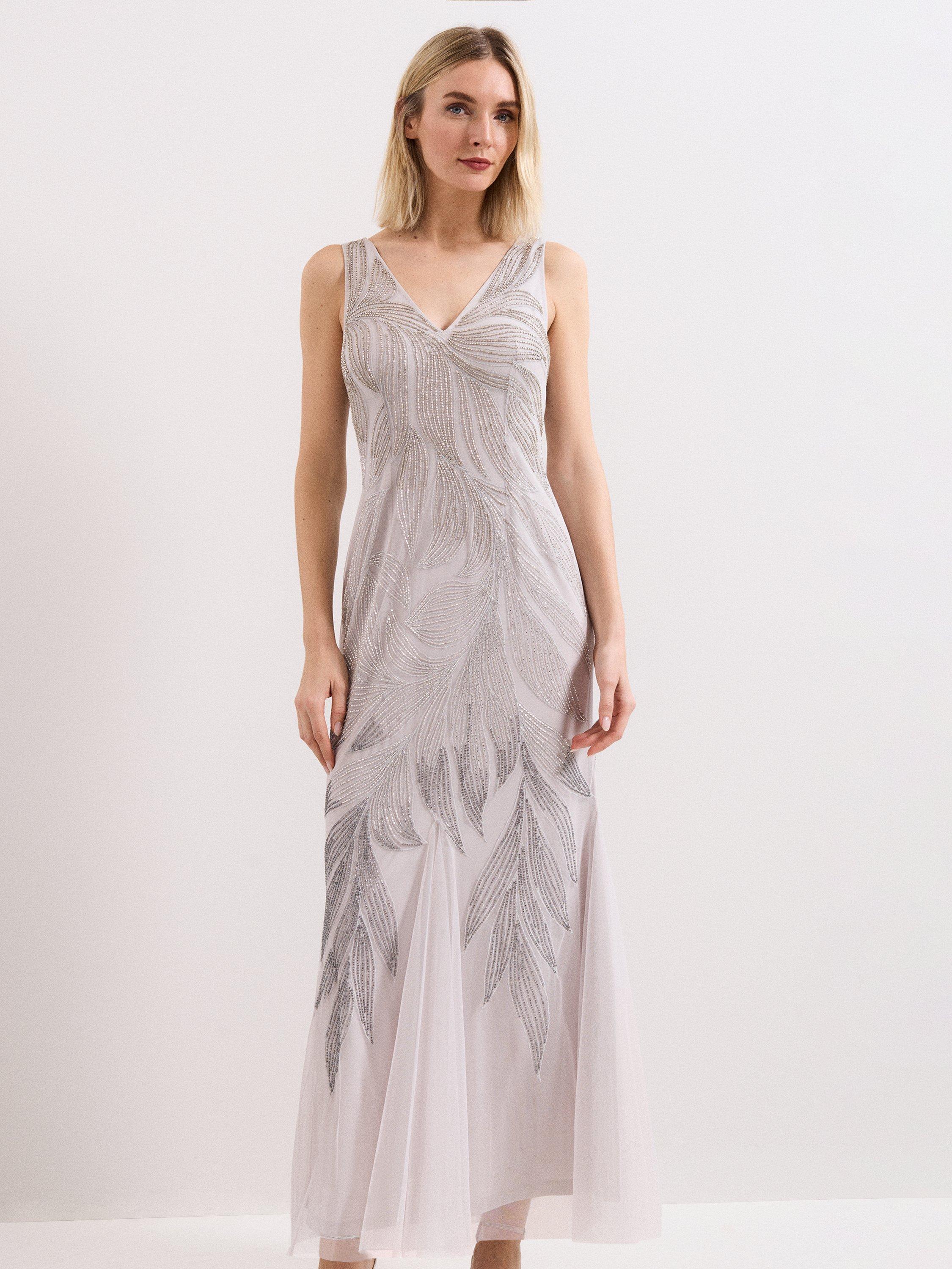 Product image 3 of 9, which shows Phase Eight Reina Beaded Maxi Dress, Silver, 6