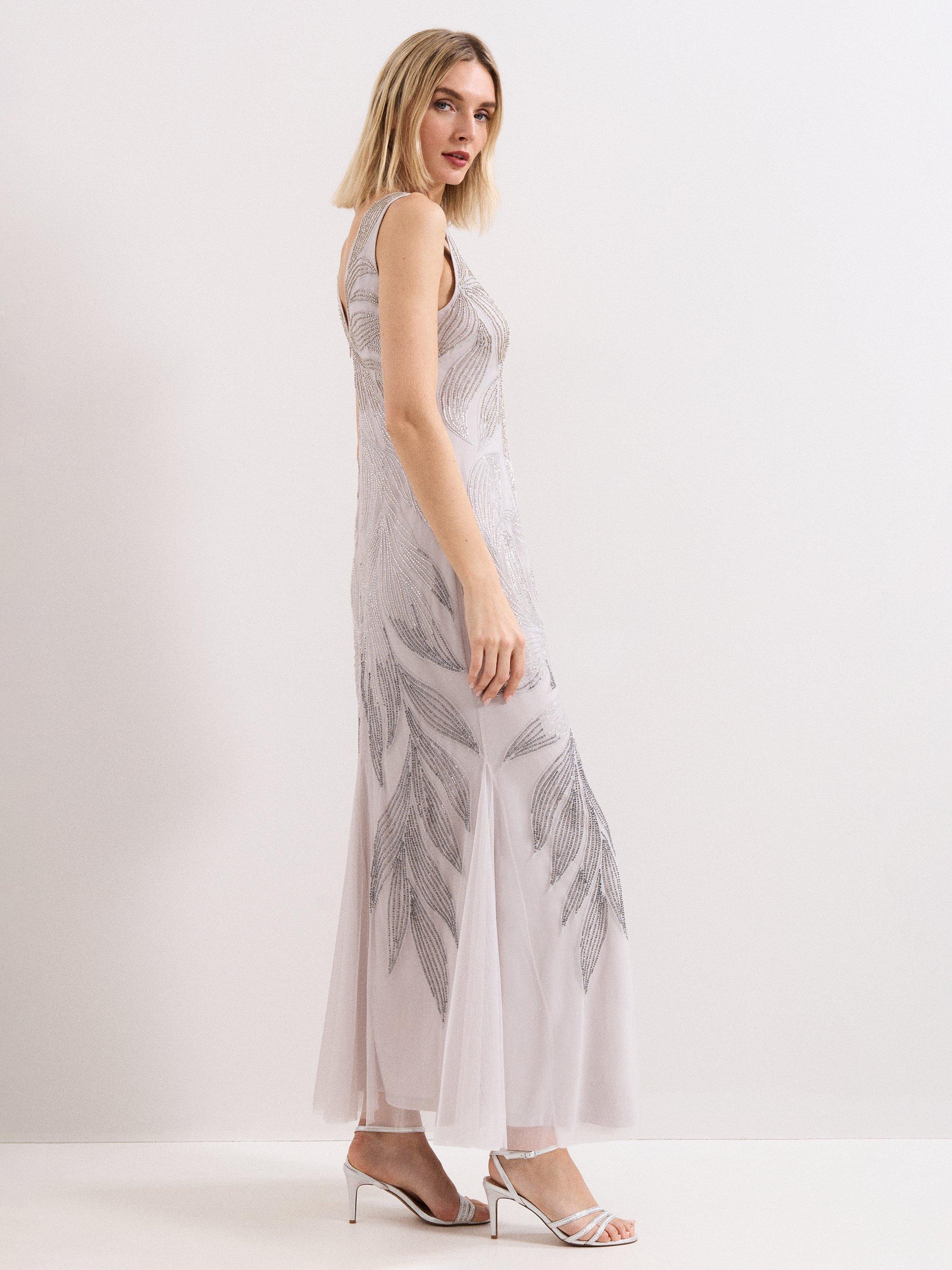 Product image 9 of 9, which shows Phase Eight Reina Beaded Maxi Dress, Silver, 6