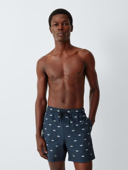 John Lewis Classic Seersucker Embroidered Tuna Swim Shorts, Navy, Navy