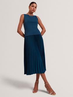 Ted Baker Leeyama Sleeveless Knit Top Pleat Skirt Midi Dress, Blue, Blue