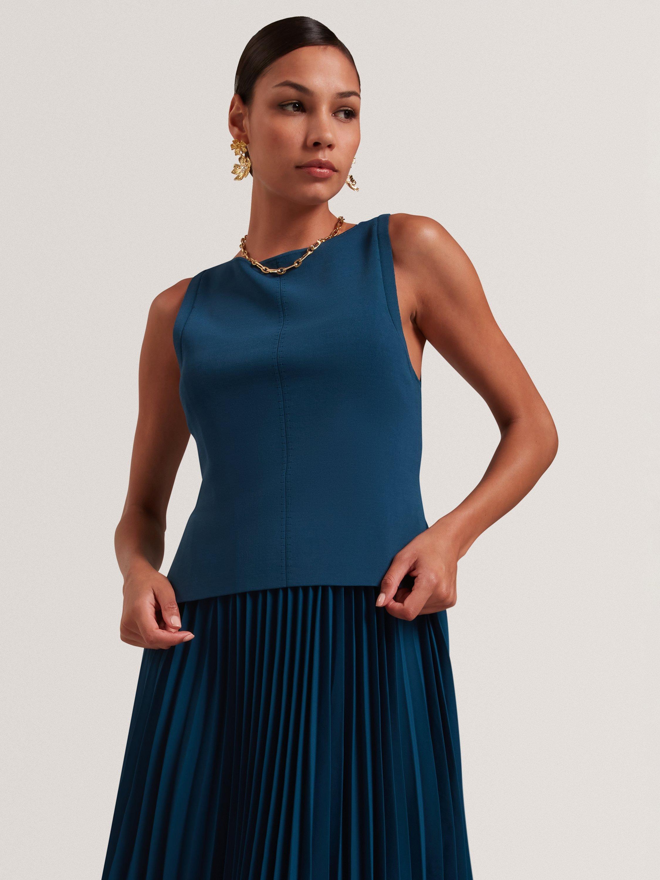 Ted Baker Leeyama Sleeveless Knit Top Pleat Skirt Midi Dress, Blue