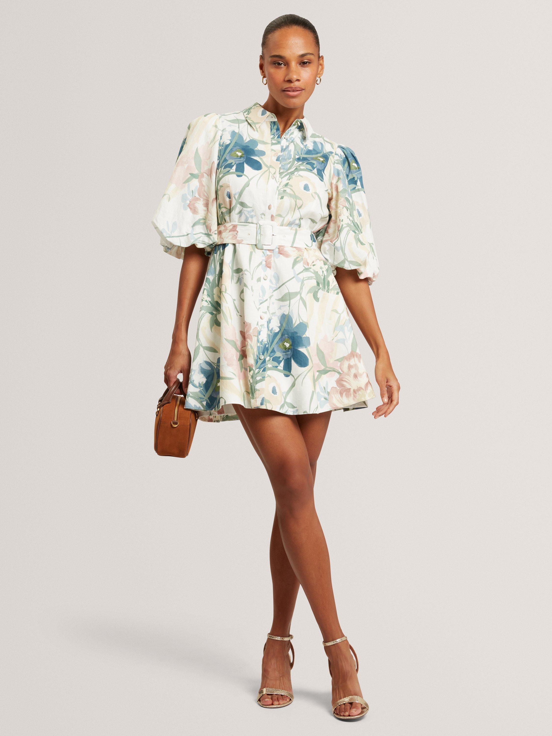 open lace back dress Ivory Floral Puff Sleeve A-line Midi Dress | Kandea