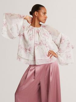 Ted Baker Rizaa Floral Ruffle Top, White/Pink, White/Pink