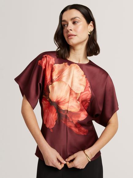 Ted Baker Orvanaa Flower Graphic Top, Burgundy/Orange - view 2, Burgundy/Orange