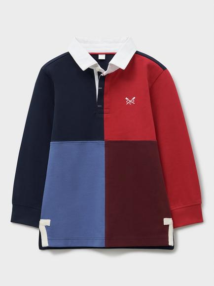 Crew Clothing Kids' Cotton Colour Block Rugby Shirt, Dark Red
