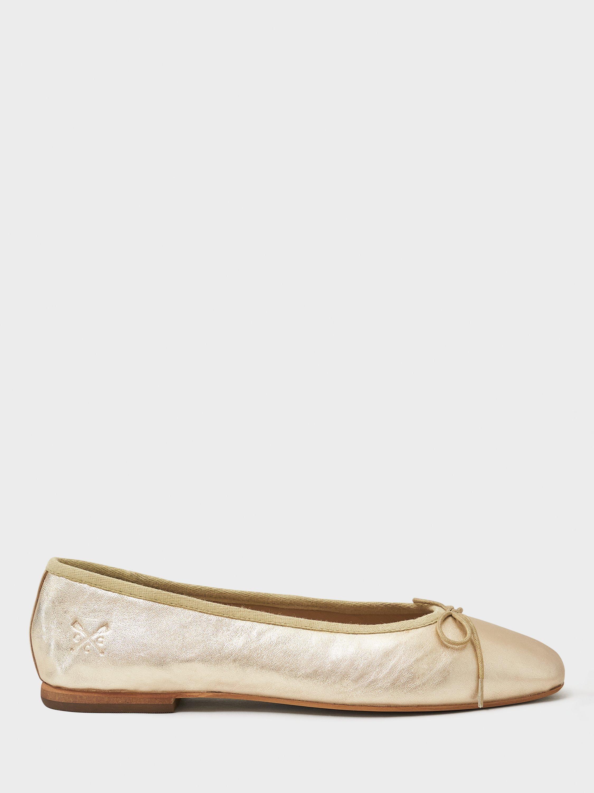 Product image 1 of 11, which shows Crew Clothing Leather Flat Heel Round Closed Toe Pumps, Gold, 3
